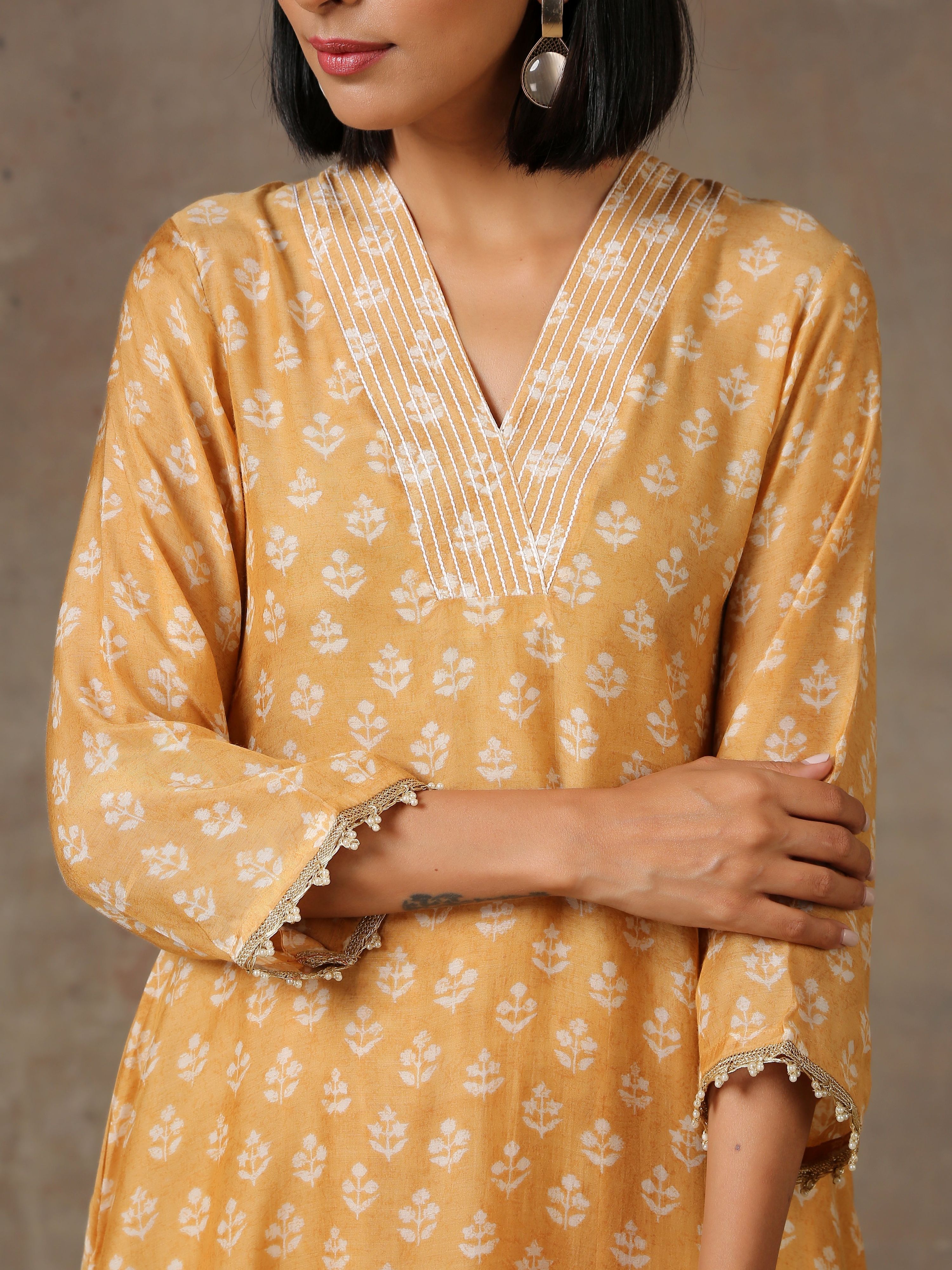 trueBrowns Beige White Flared Printed Silk Kurta Pant Set