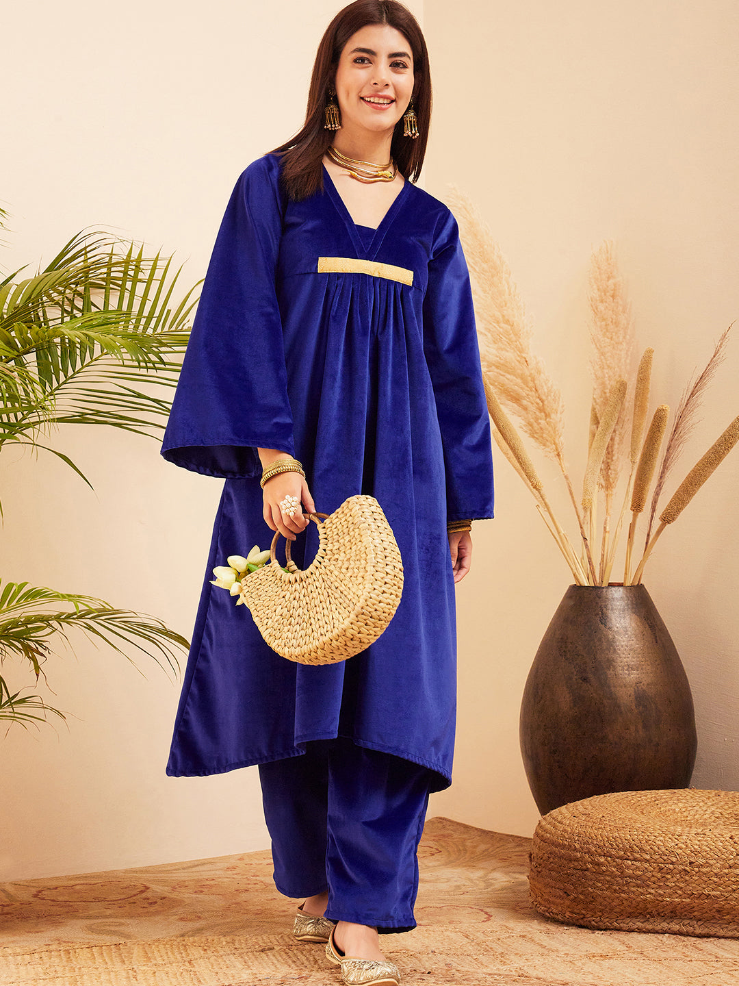 InWeave Women's Royal Blue V Neck Asymmetrical Pleated Velvet Kurta Set