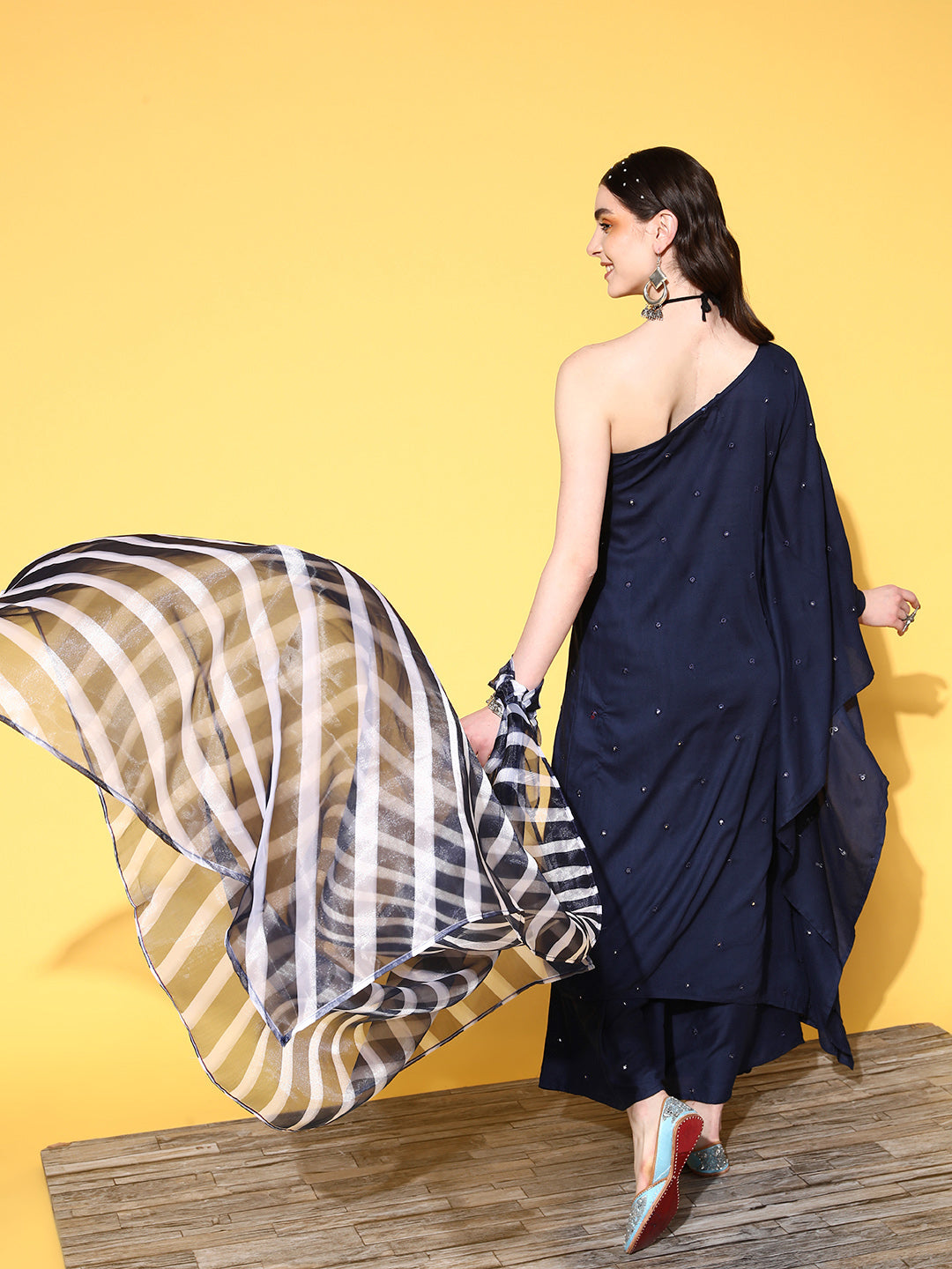 InWeave Women's Navy Mirror Work One Shoulder Kurta Set With Dupatta