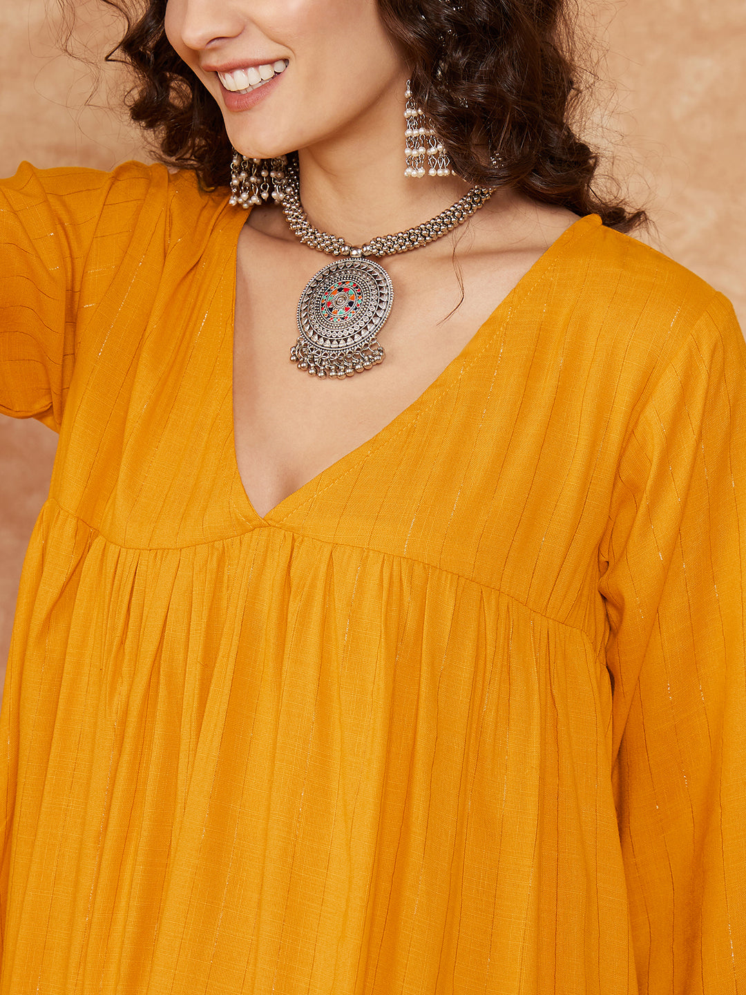 InWeave Women's Mustard Lurex Flared V Neck Kurta Palazzo Set