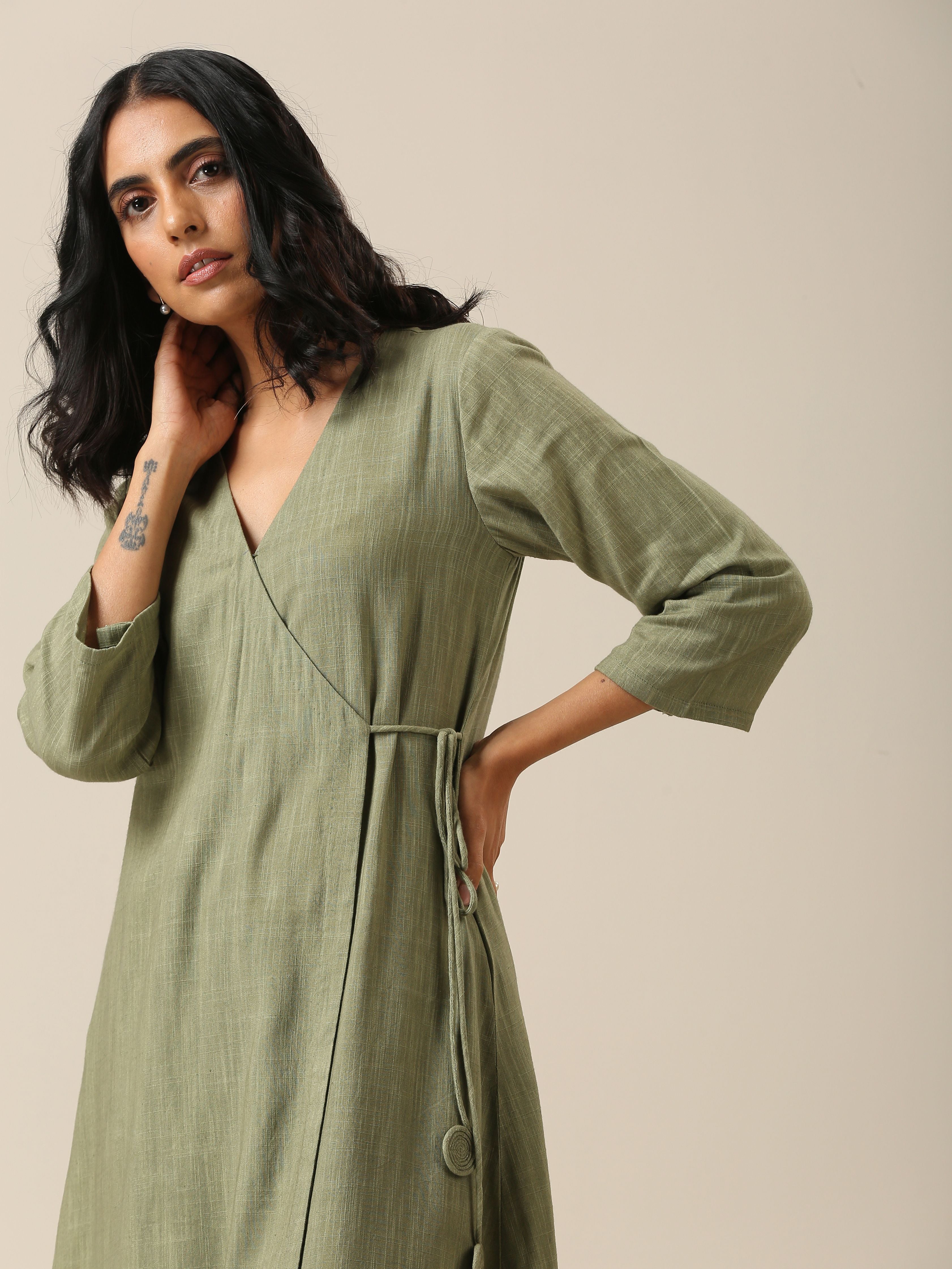 trueBrowns Sage Slub Texture Angrakha Pant Set