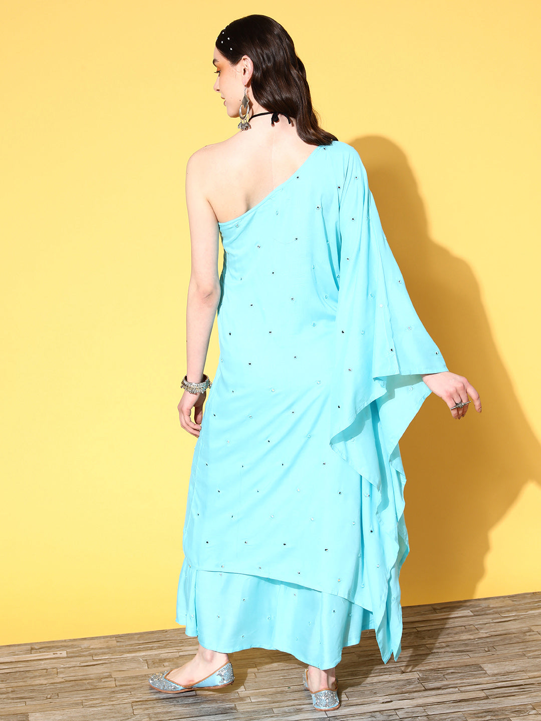 InWeave Women's Sky Blue Mirror Work One Shoulder Kurta Set