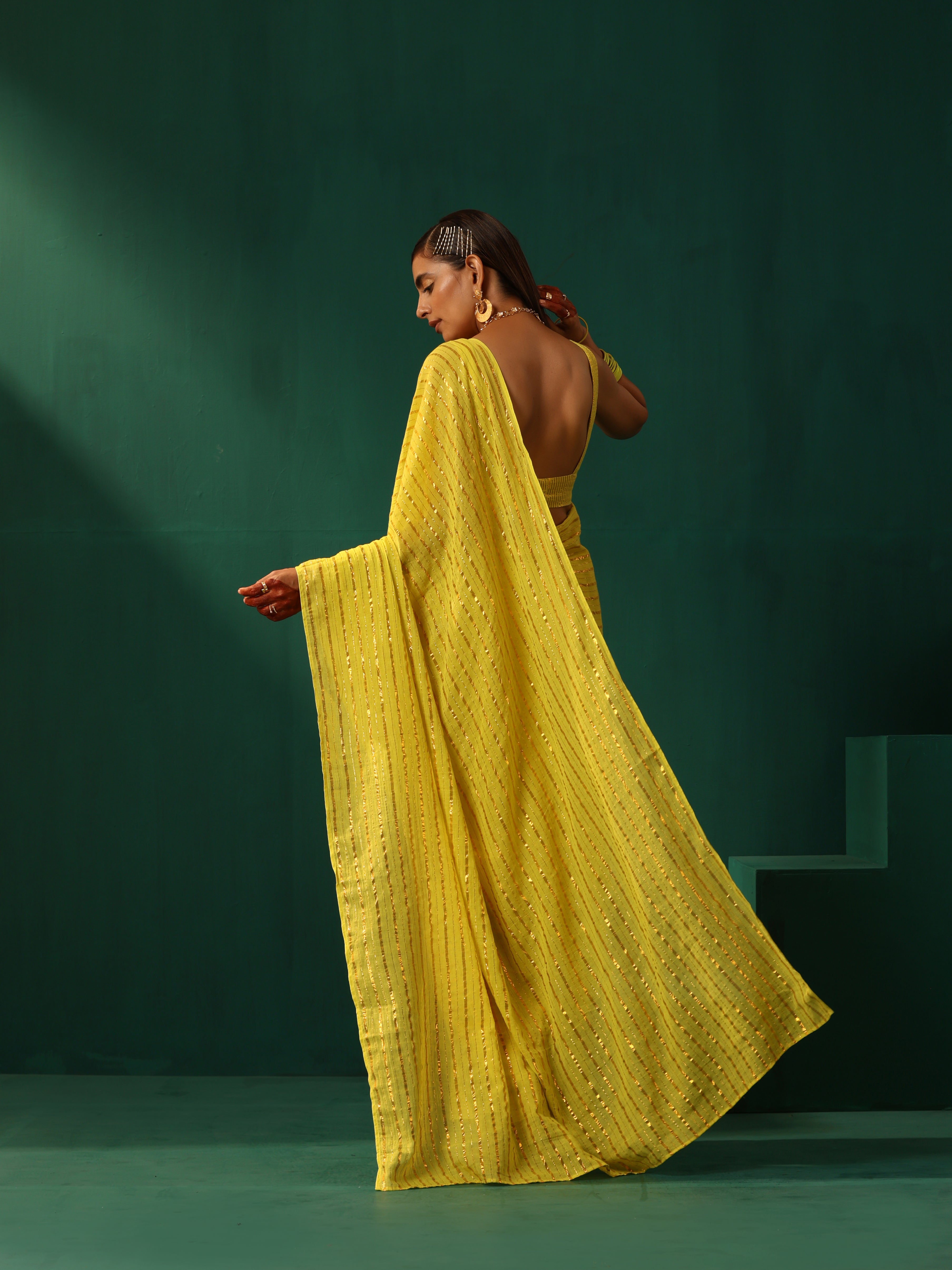trueBrowns Lime Cotton Gold Lurex Striped Ready to Wear Saree
