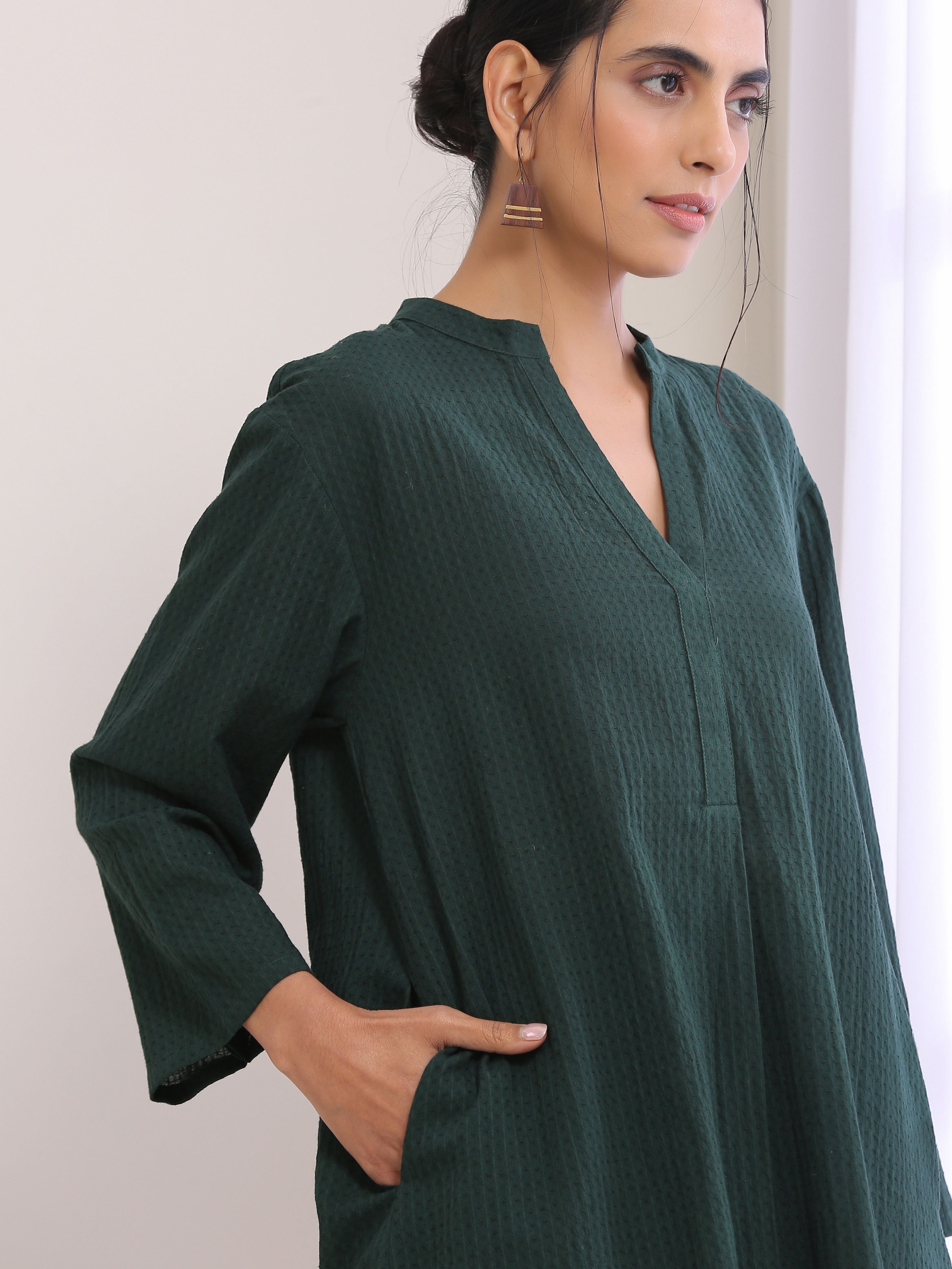 trueBrowns Dark Green Dobby Relaxed Fit Co-Ord Set