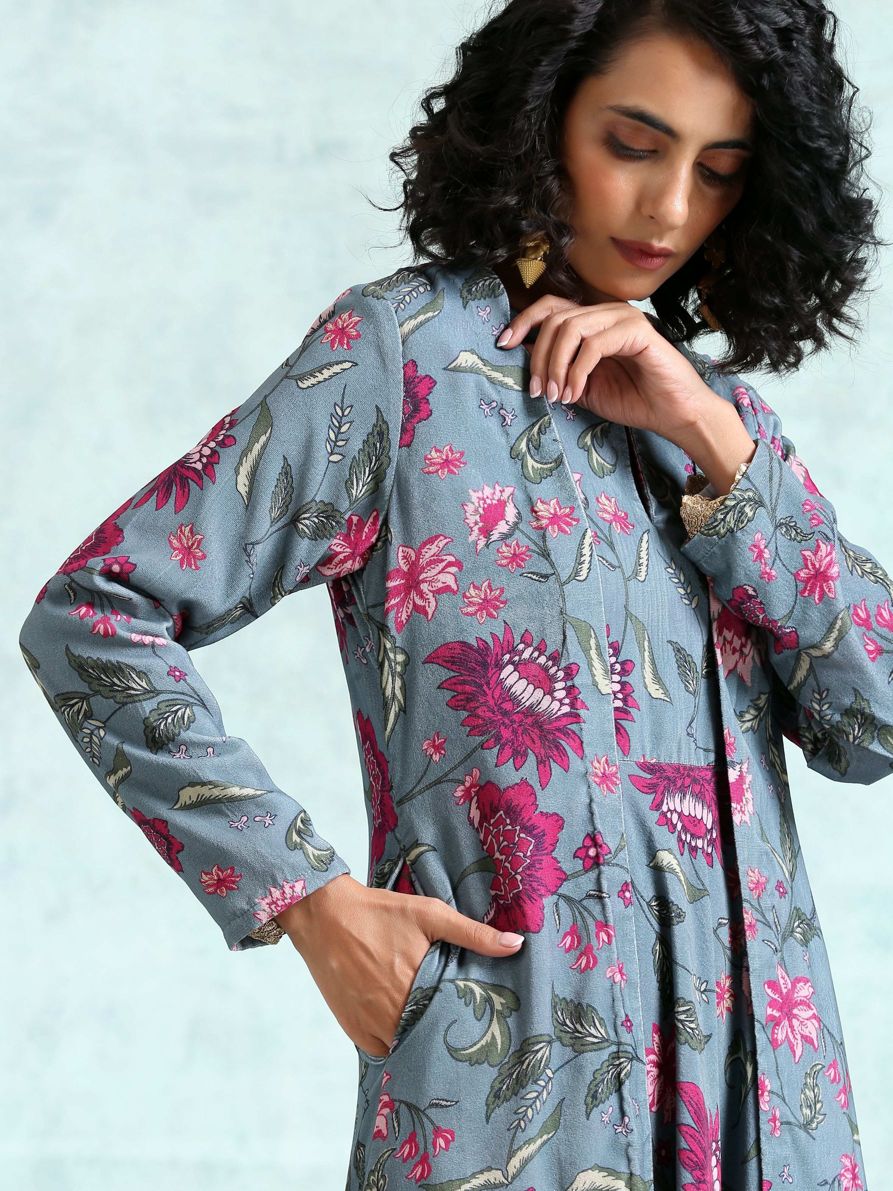 trueBrowns Grey Printed Velvet Overlay Jacket