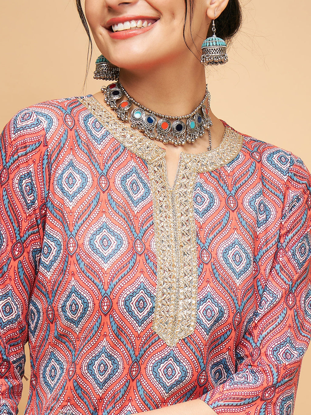 InWeave Women's Red Blue Ogee Print Gota Straight Kurta