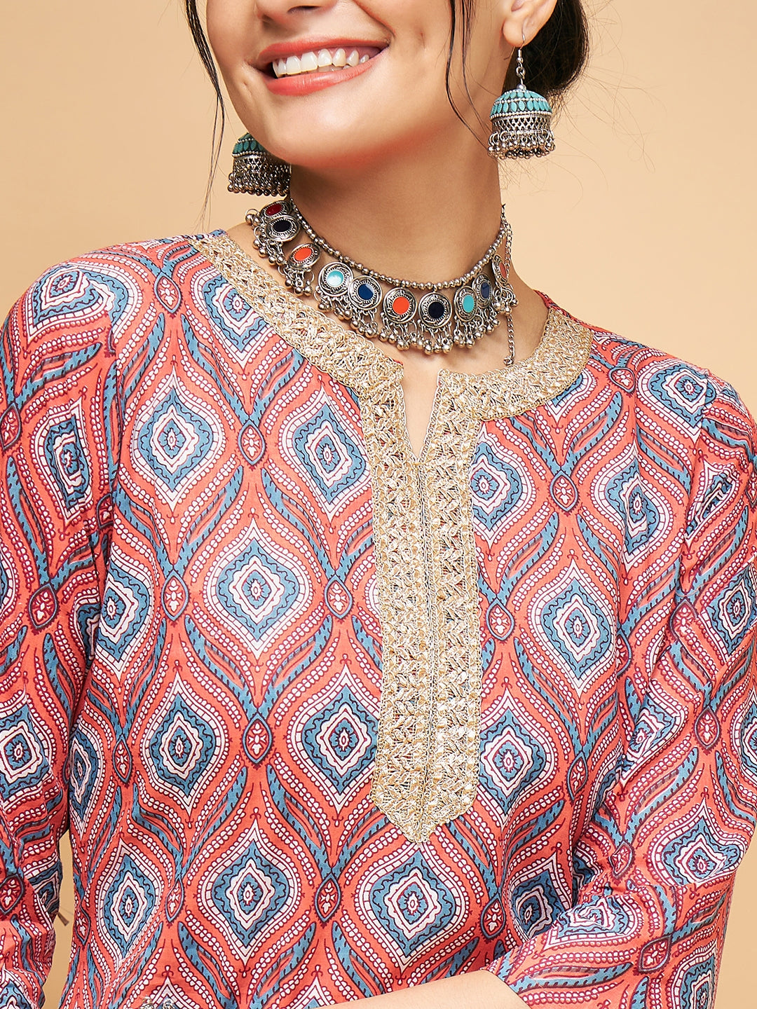 InWeave Women's Red Blue Ogee Print Gota Straight Kurta