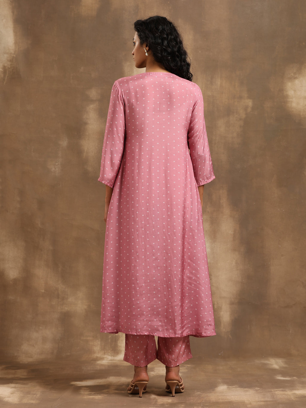 trueBrowns Light Mauve Bandhani Printed Silk Angrakha Kurta Pant Set