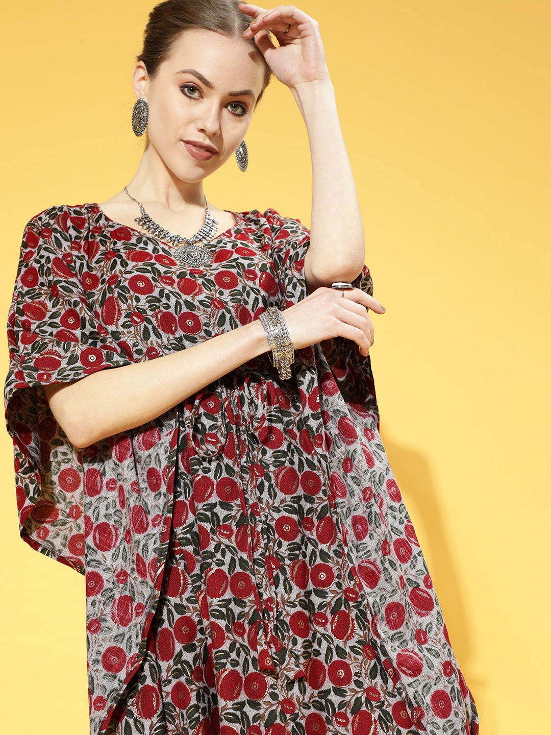 InWeave Women's Maroon Floral Jaal Print Kaftan Dress