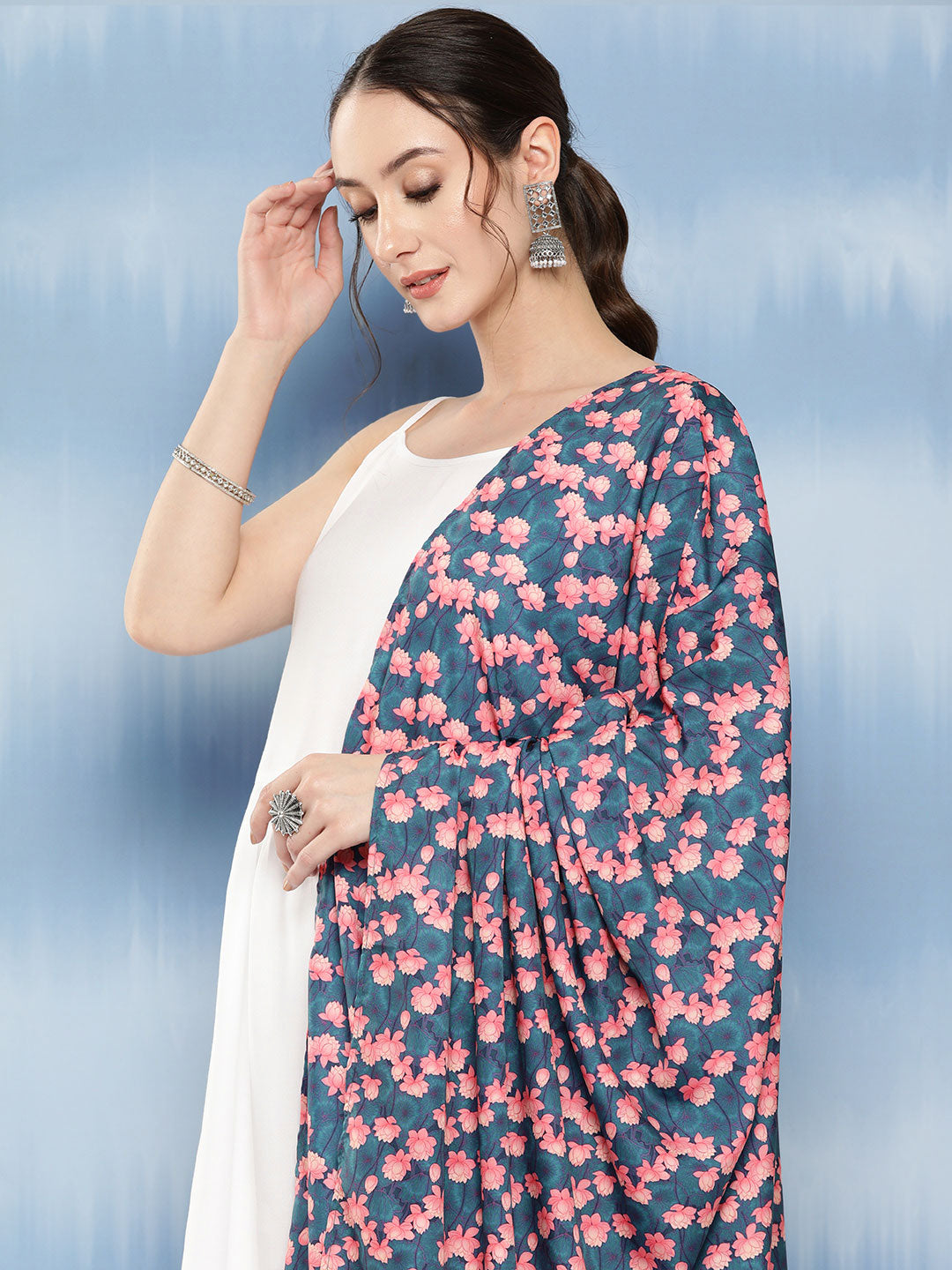 InWeave Women's White Strappy Set With Navy Pink Lotus Cr Dupatta
