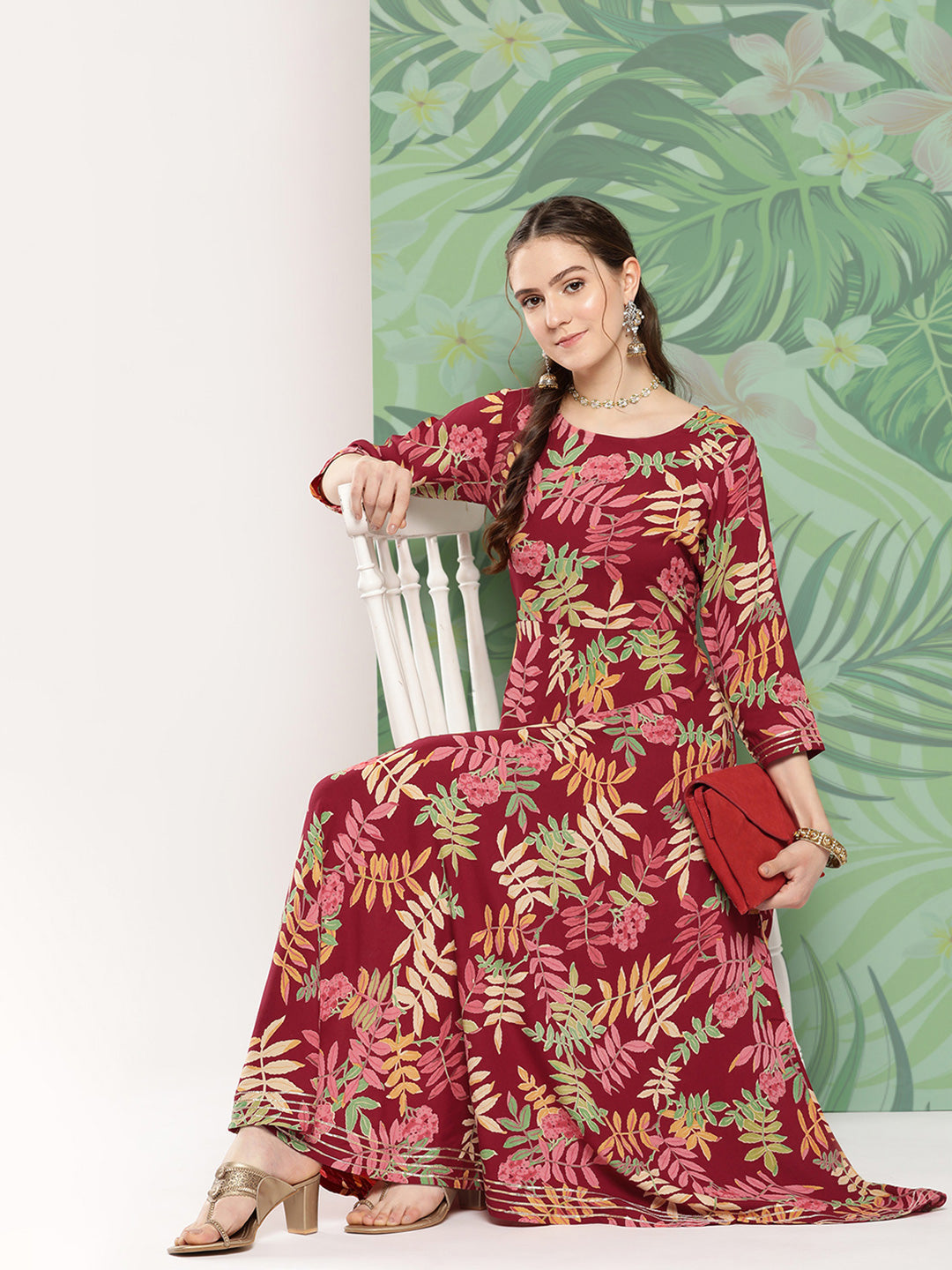 InWeave Women's Red Tropical Print Gota Long Dress