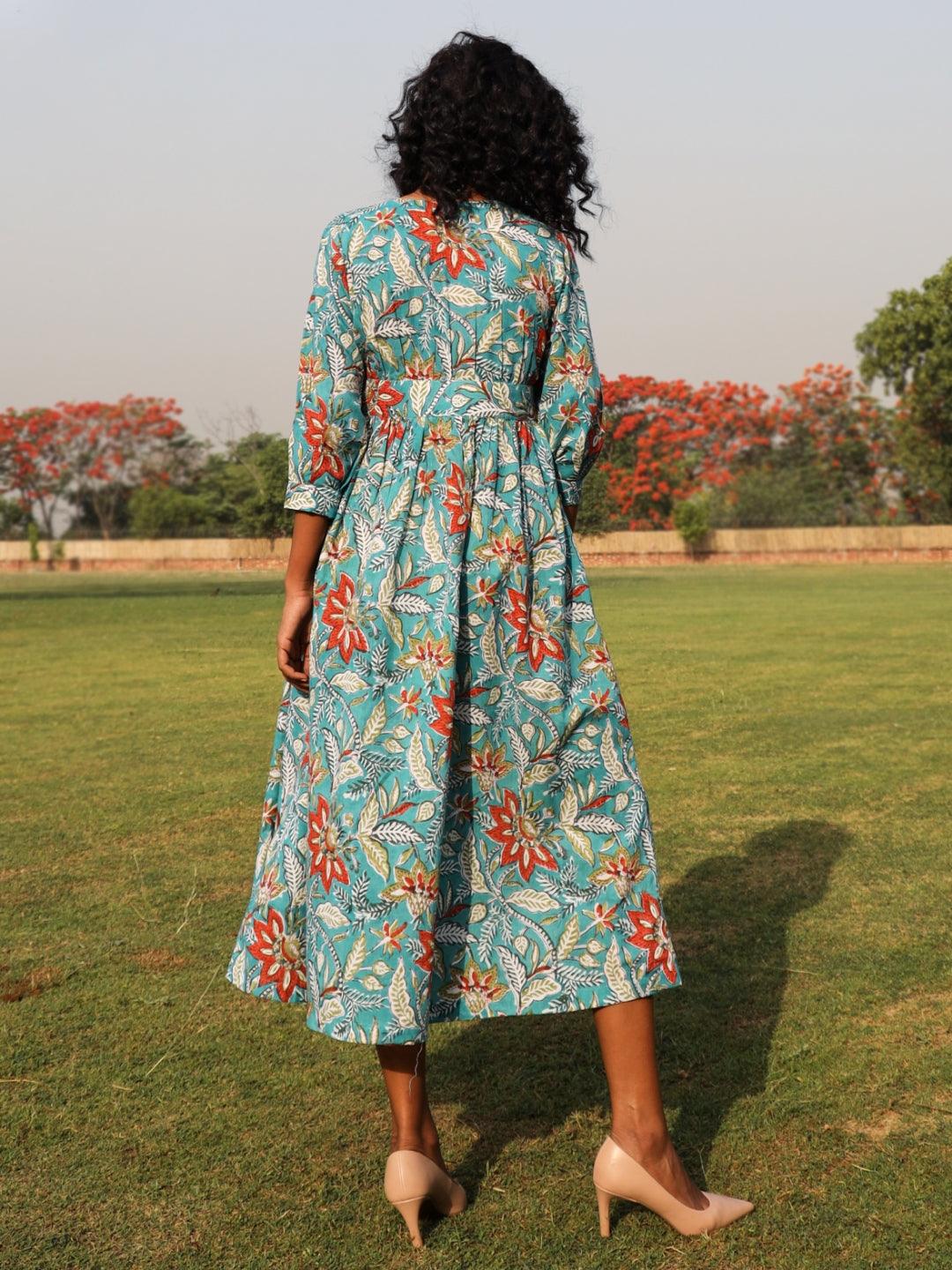 trueBrowns Teal Cotton Block Print Wrap Dress