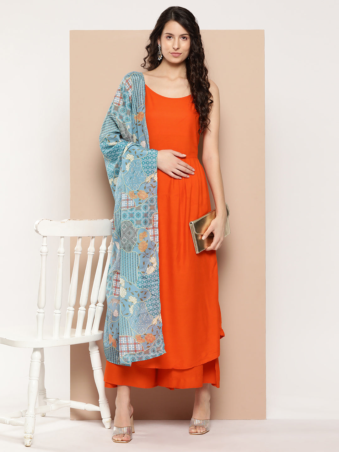InWeave Women's Orange Strappy Set With Blue Chinnon Print Silk Dupatta