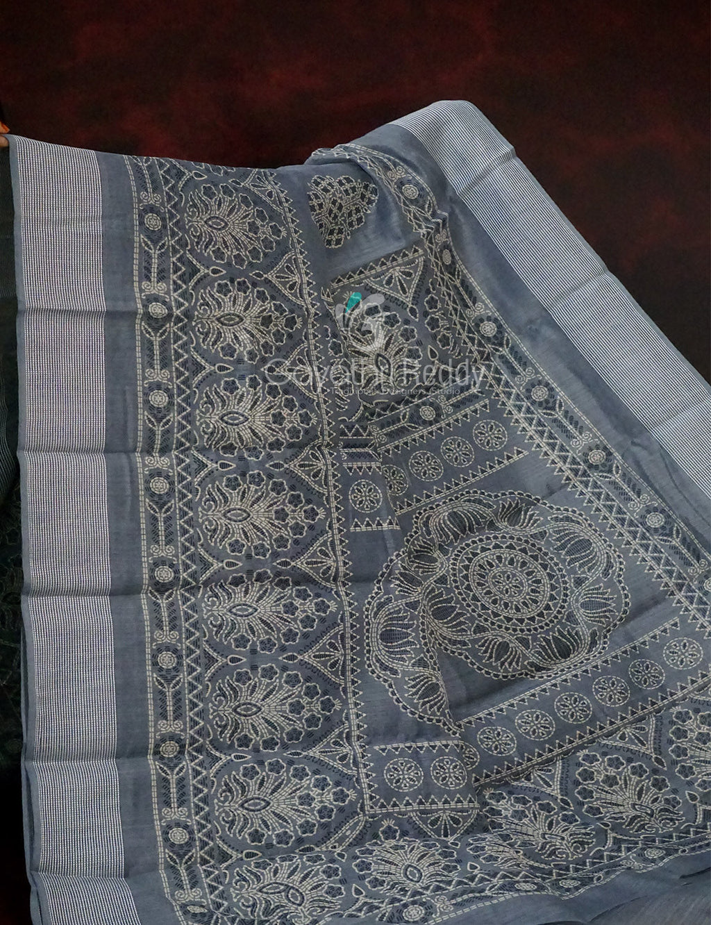 Powder Grey Coloured Block Print Semi Chanderi Saree By Gayathri Reddy Designer Studio