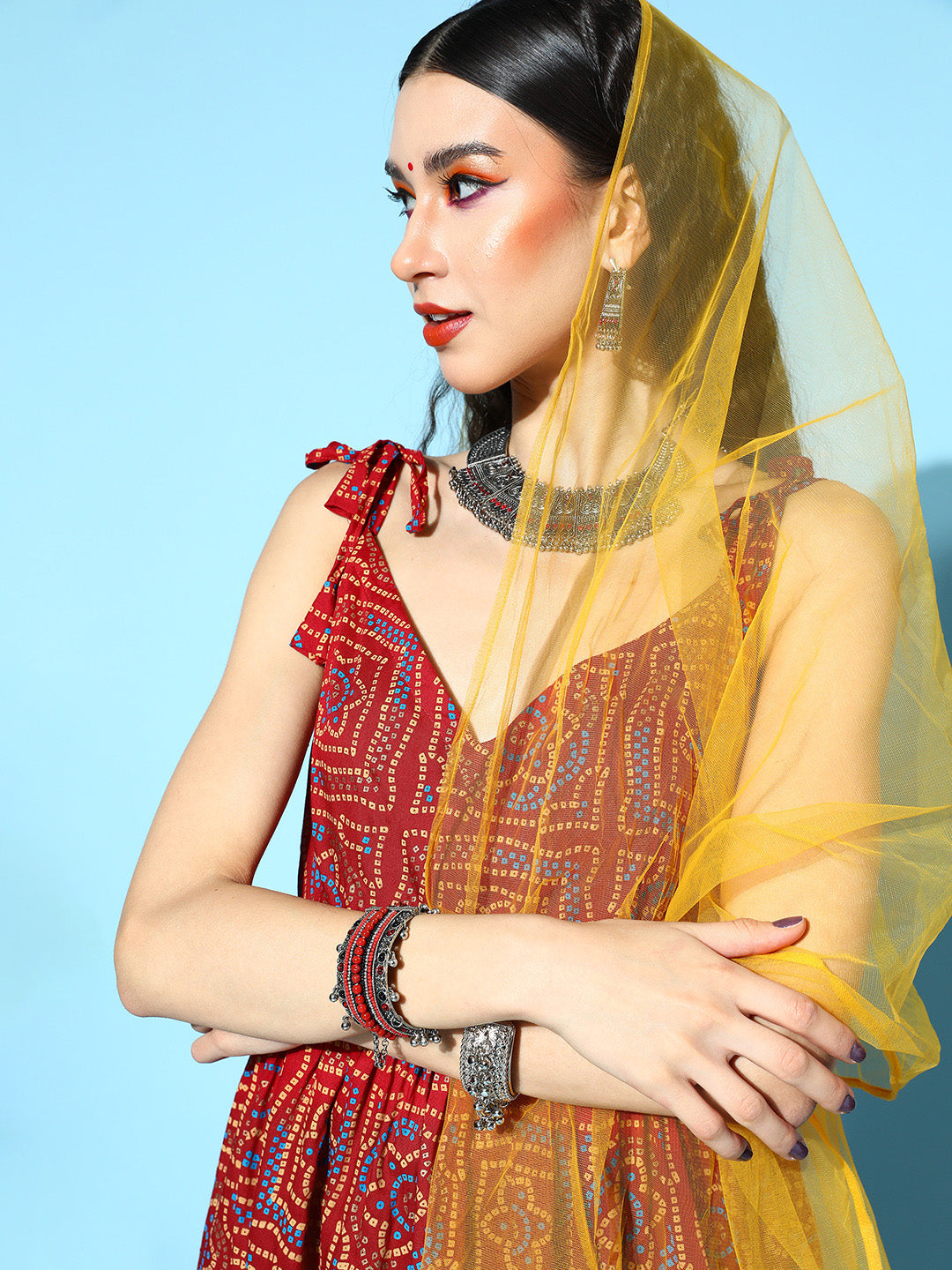 InWeave Women's Maroon Bandhani Net Sharara Set With Dupatta