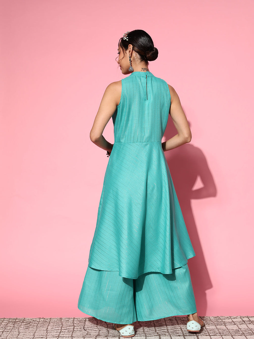 InWeave Women's Teal Lurex Boho Sleevless Kurta Set