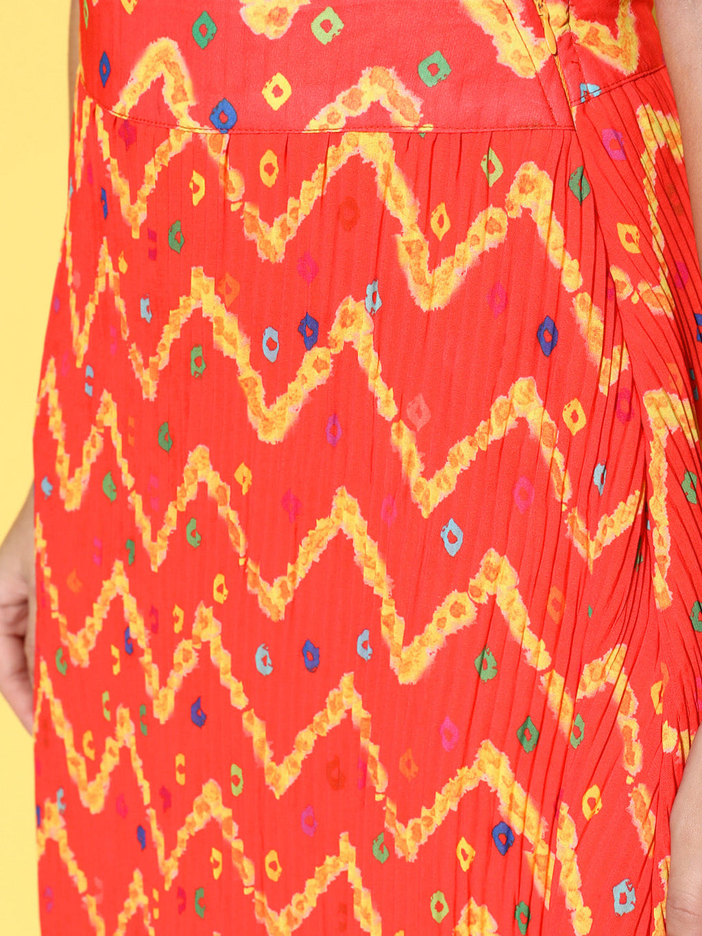 InWeave Women's Orange Bandhej Pleated Skirt