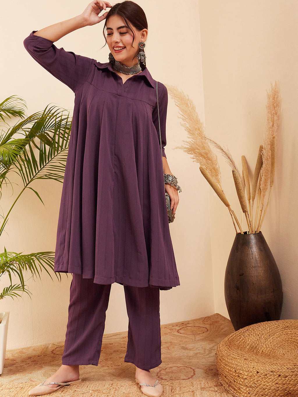 InWeave Women's Graphite Grey Collared Neck Flared Kurta Pant Set