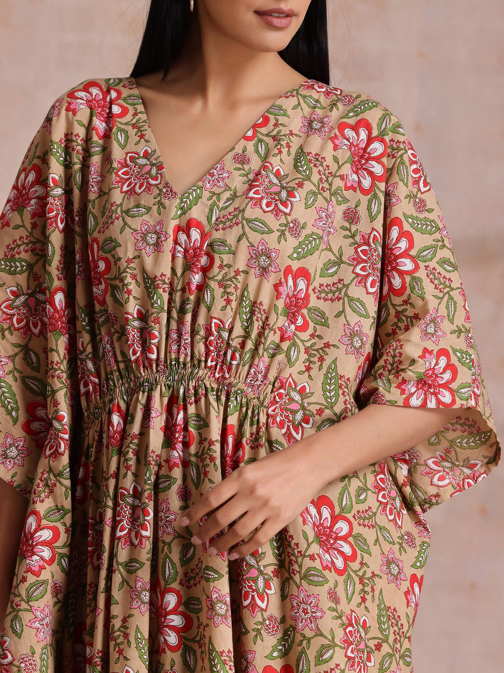 trueBrowns Beige Overall Big Floral Block Print Cotton Kaftan Dress