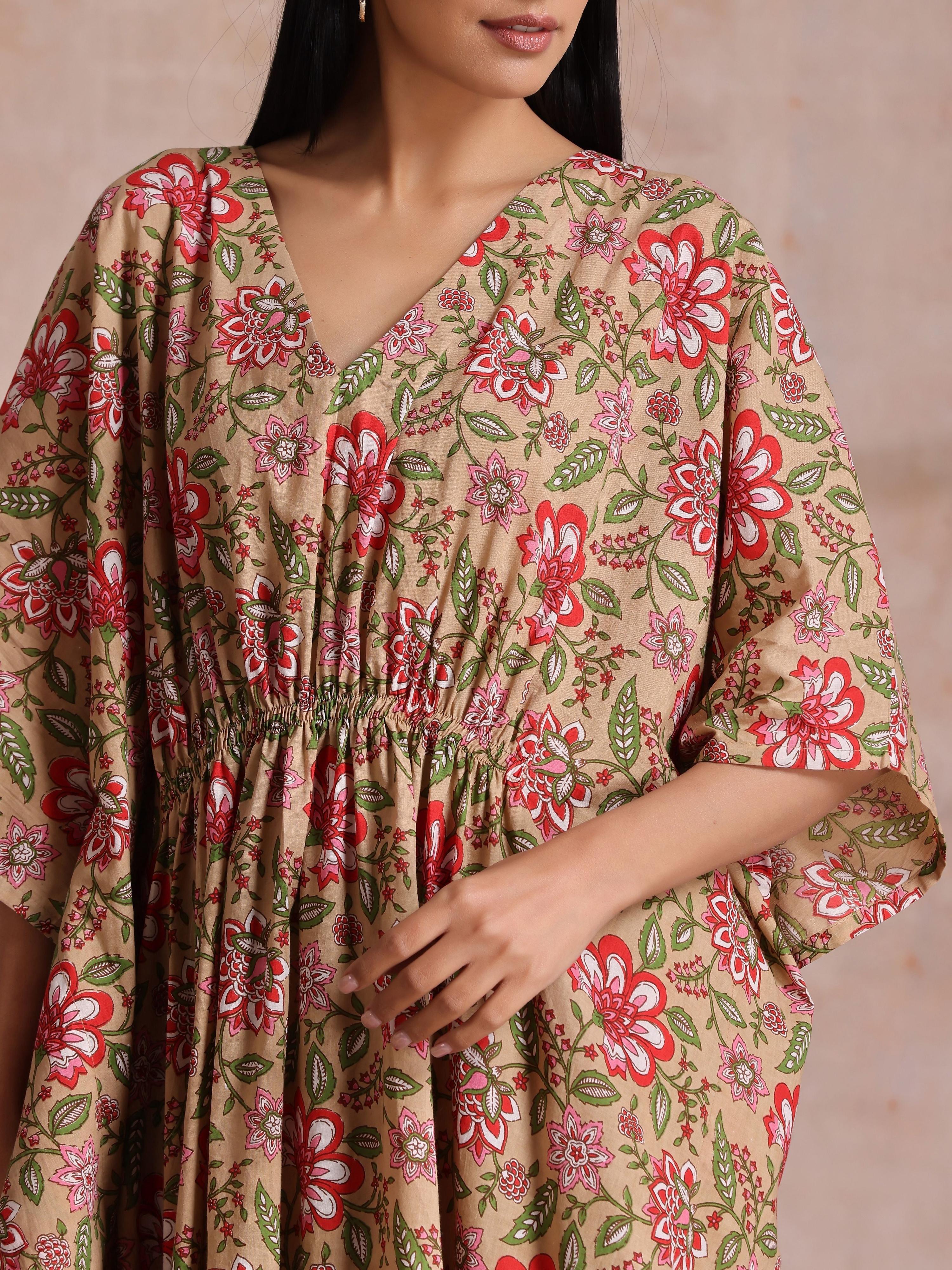 trueBrowns Beige Overall Big Floral Block Print Cotton Kaftan Dress