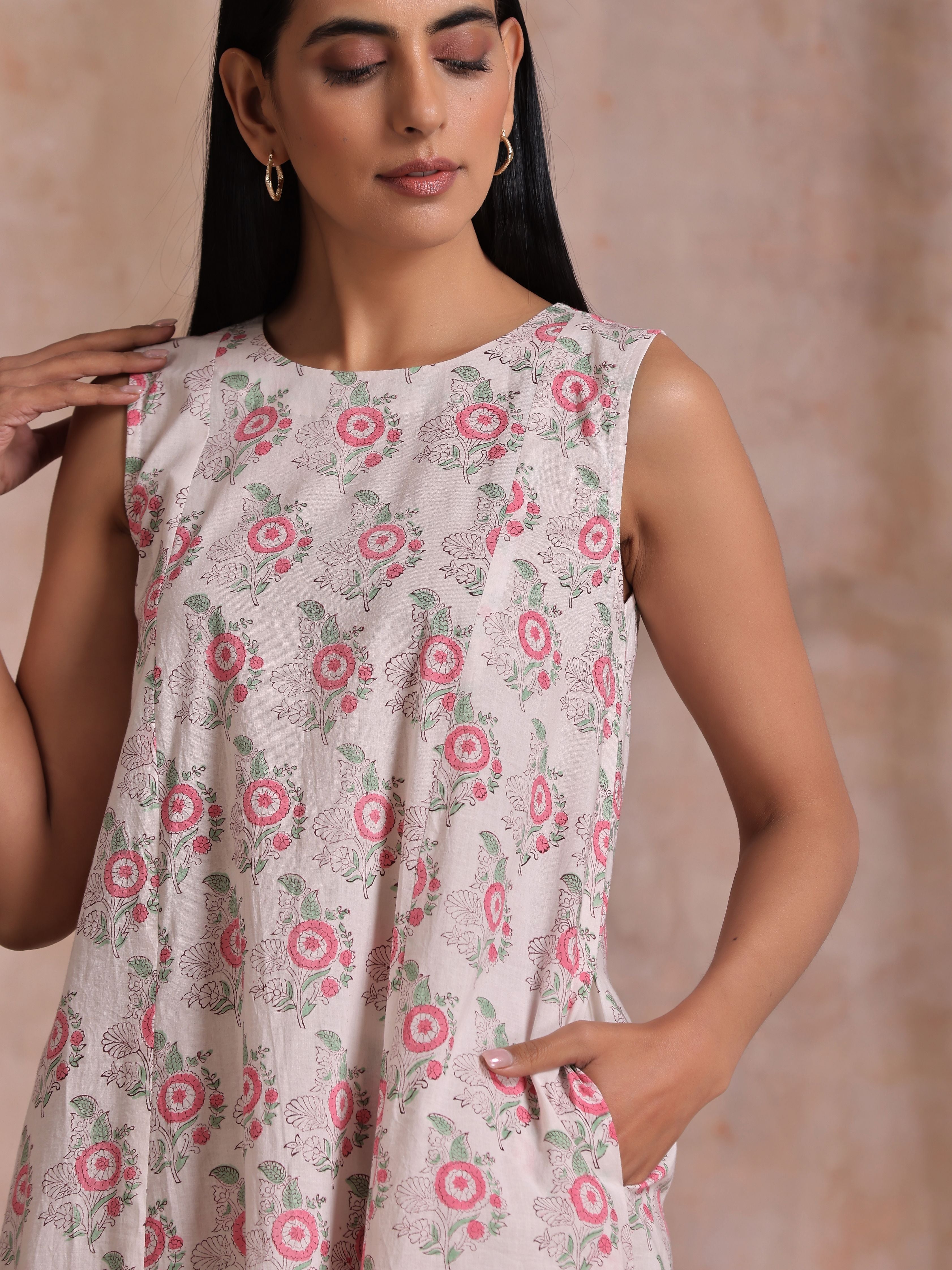 trueBrowns Pink Green Buta On White Block Print Cotton High-Low Co-Ord Set