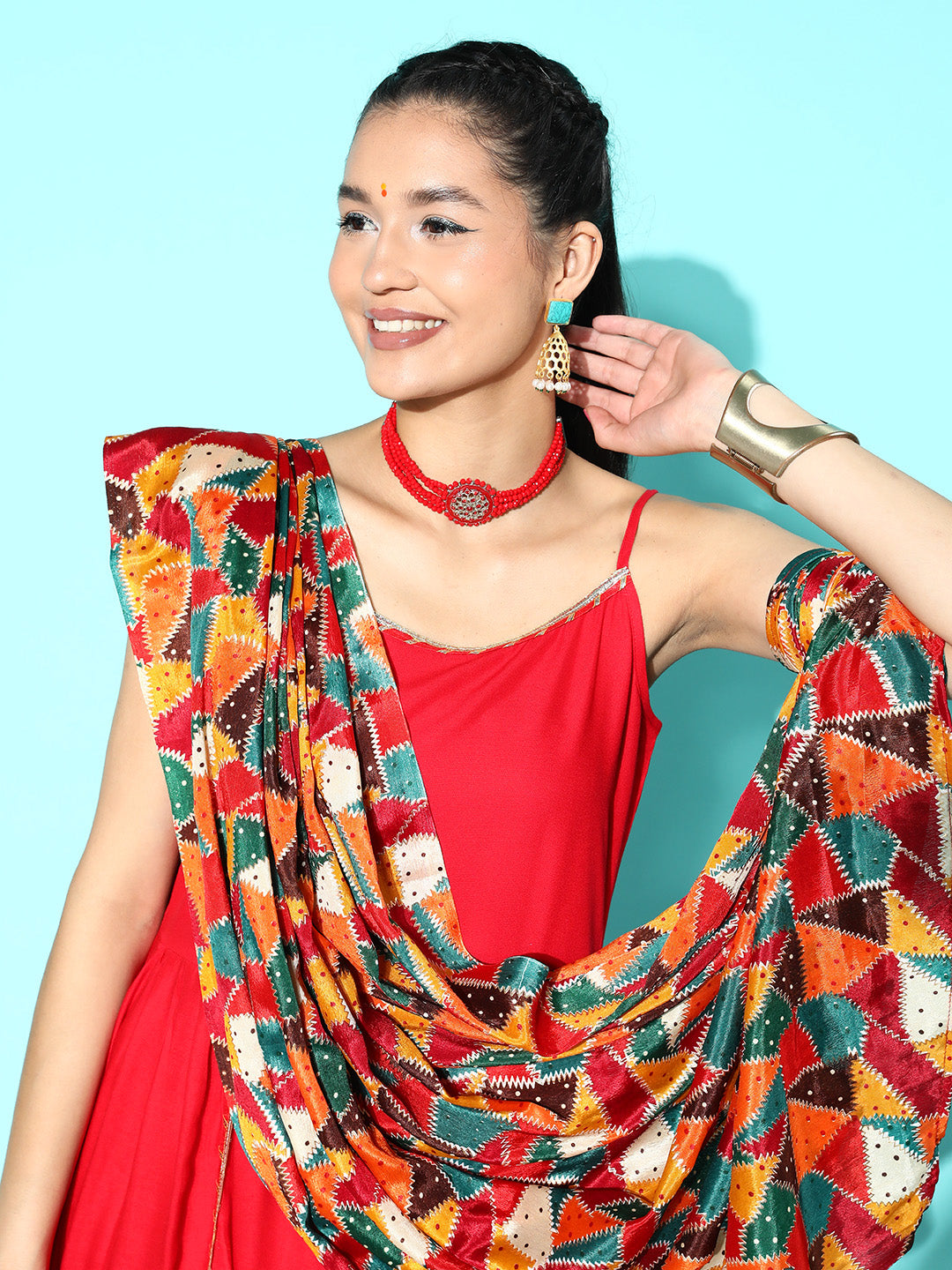 InWeave Women's Red Gota Strappy Set With Multi Foil Muslin Dupatta