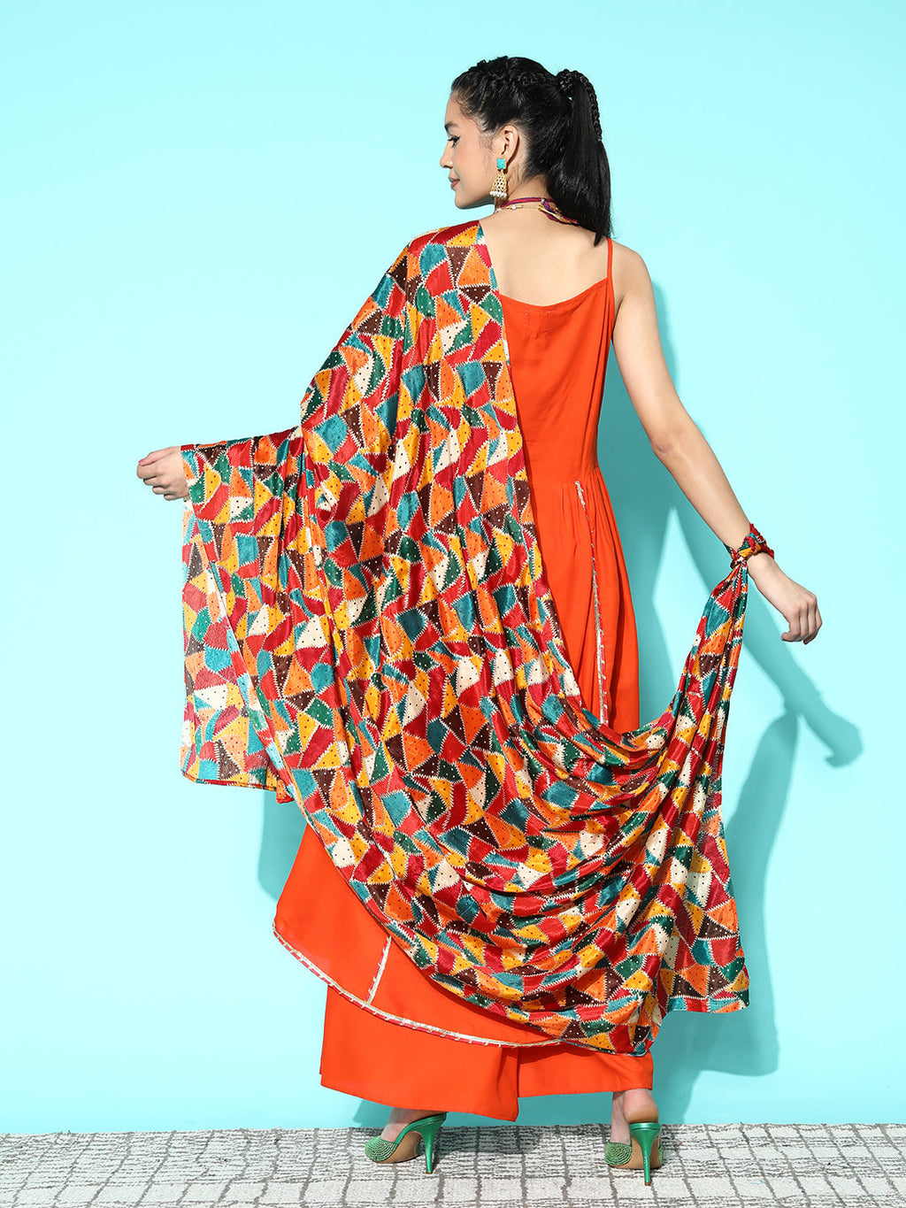InWeave Women's Orange Red Gota Strappy Set With Multi Foil Muslin Dupatta