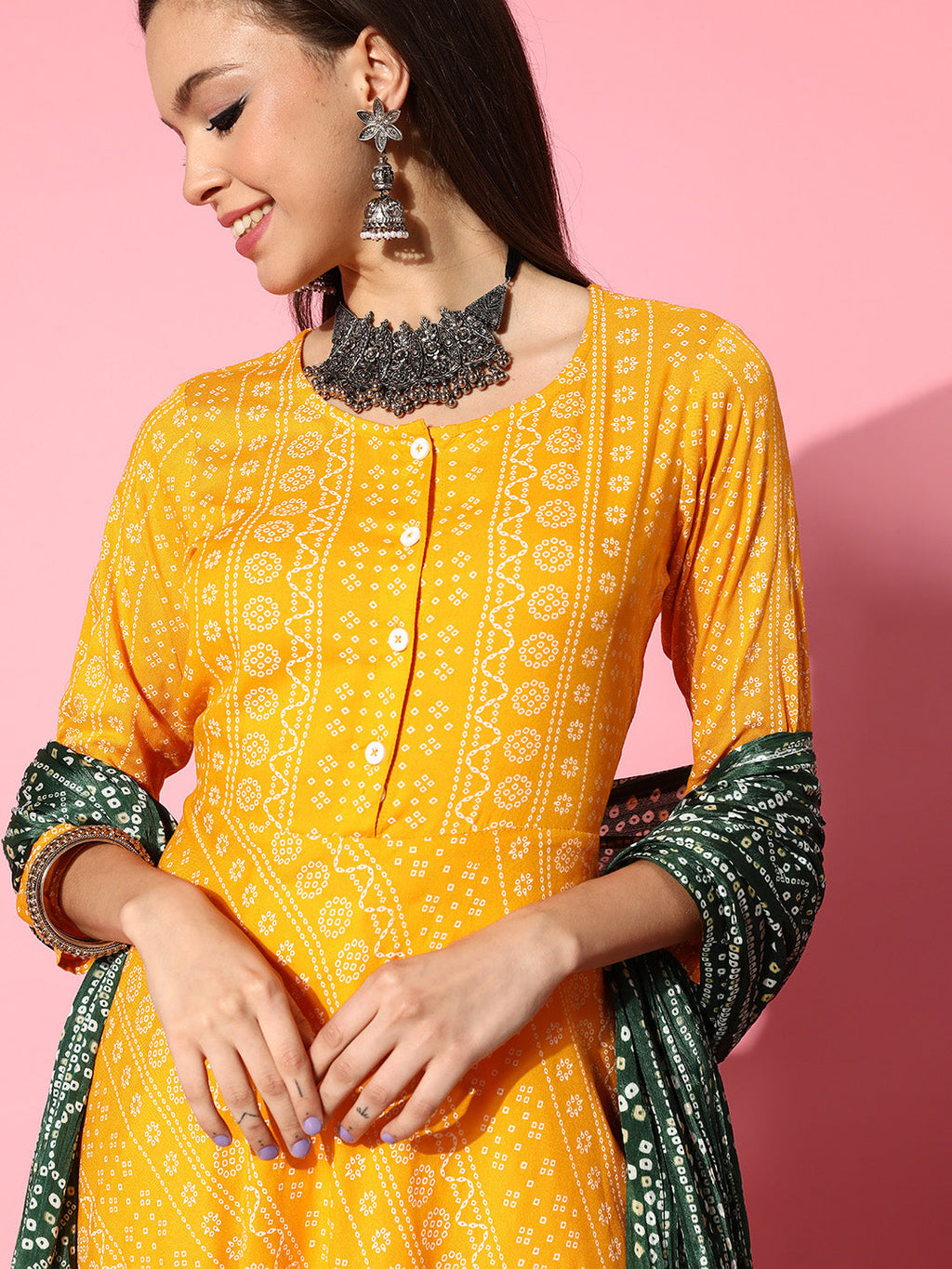 InWeave Women's Yellow Bandhani Long Anarkali Kurta With Green Bandhani Dupatta