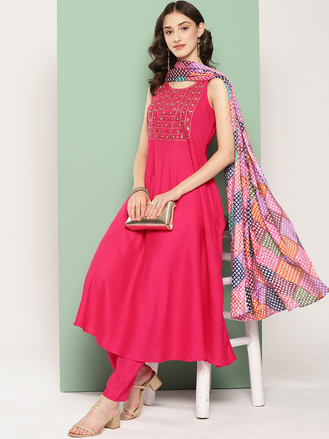 InWeave Women's Fuchsia Mirror Work Strappy Set W Square Bandhani Print Silk Dup