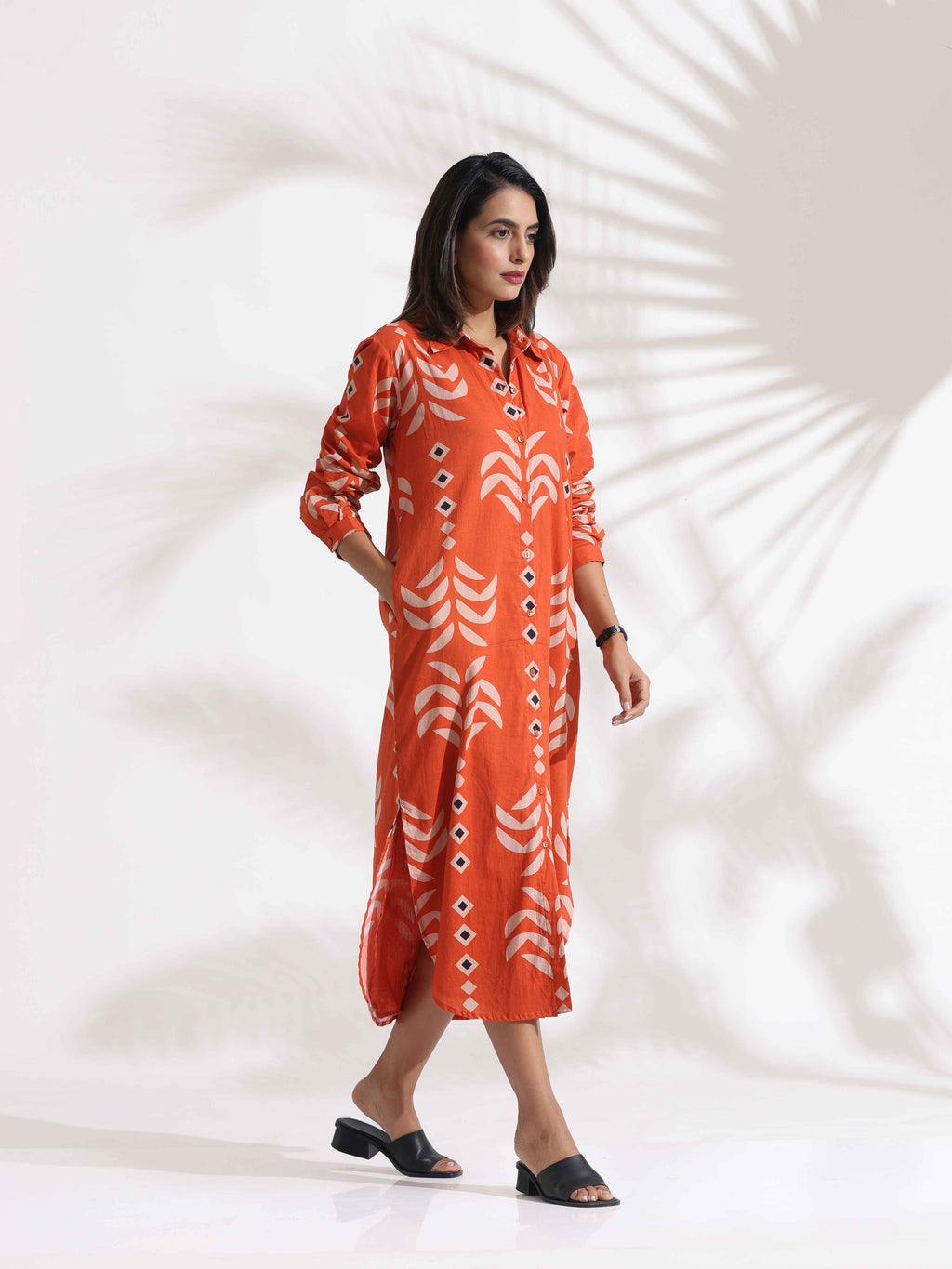 trueBrowns Orange Cotton Print Shirt Dress
