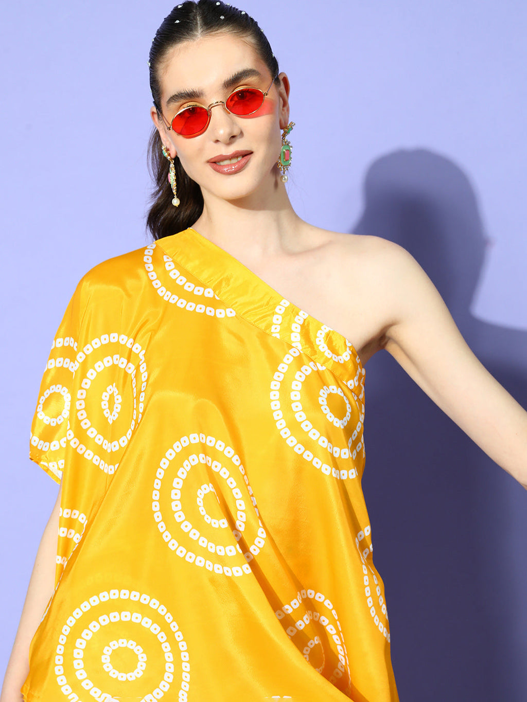 InWeave Women's Yellow Bandhani Motif One Shoulder Palazzo Set