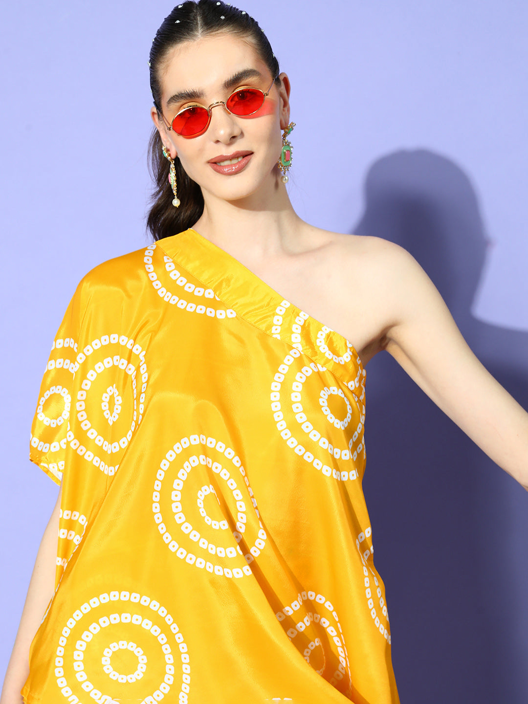 InWeave Women's Yellow Bandhani Motif One Shoulder Palazzo Set