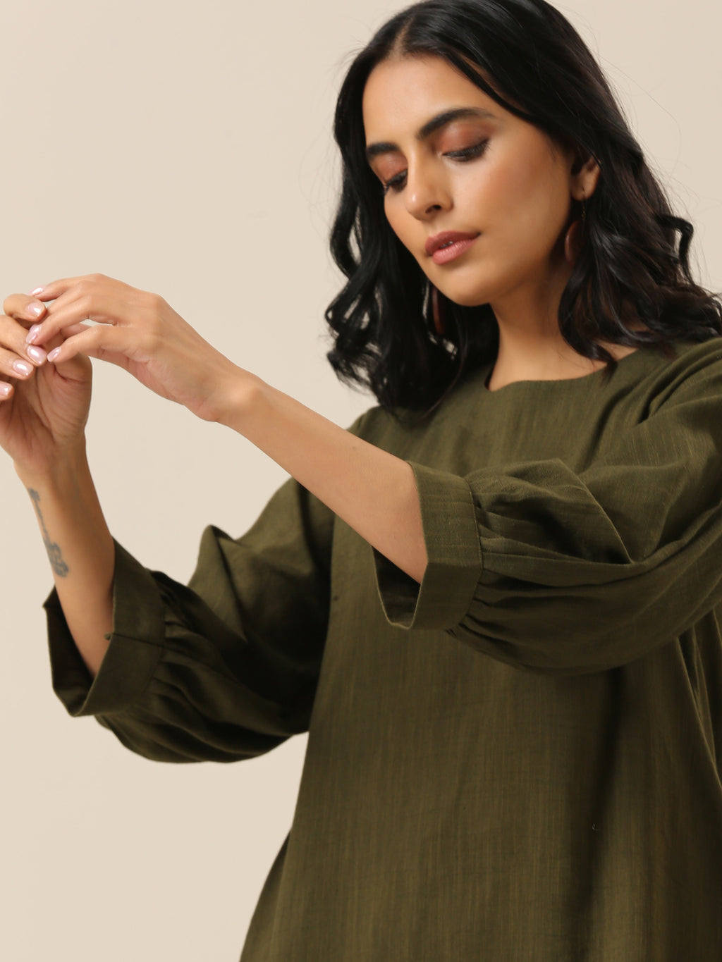trueBrowns Olive Green Slub Texture Baggy Sleeve Co-Ord Set