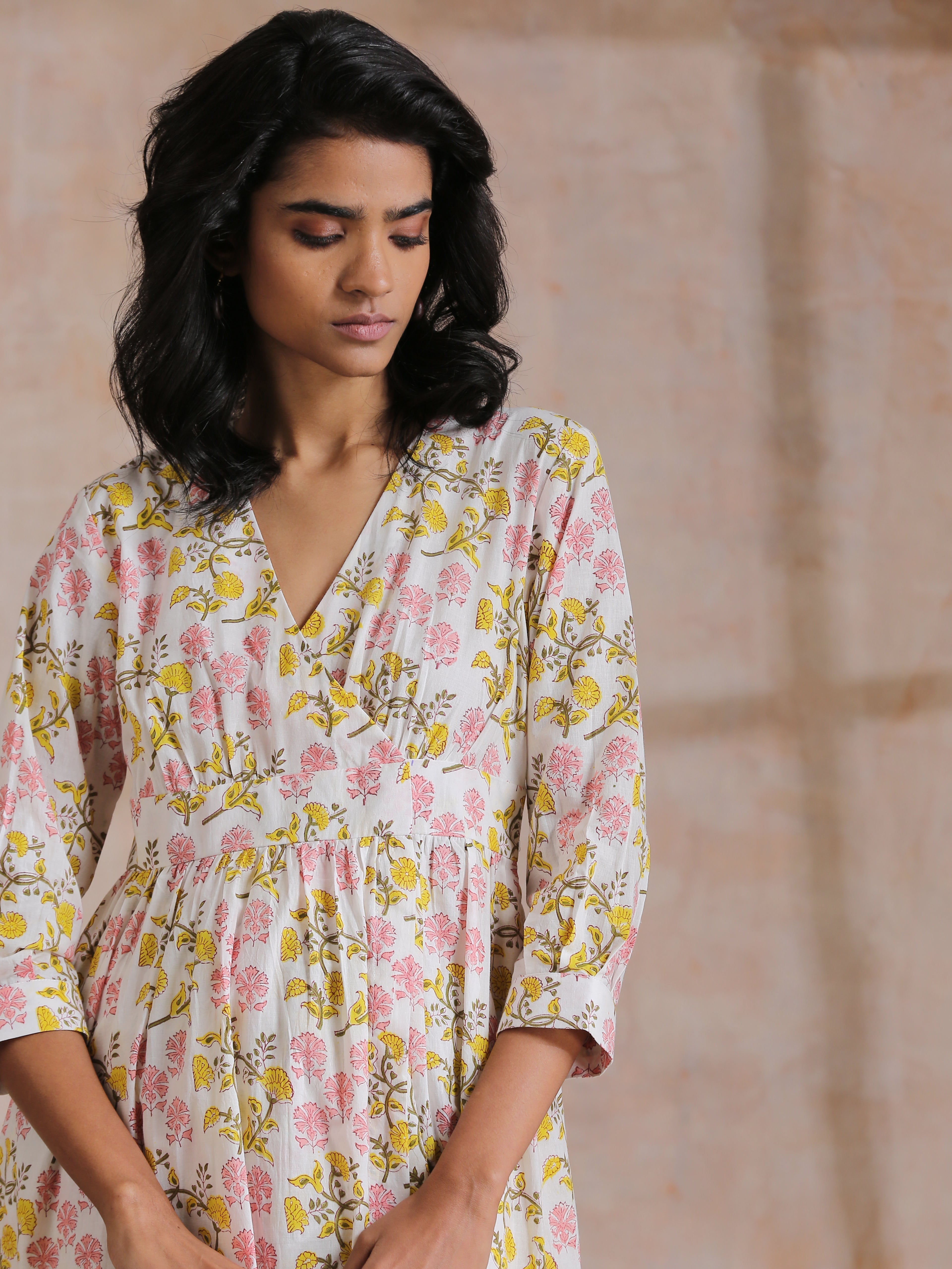trueBrowns Pink Yellow Floral On White Block Print Cotton Wrap Dress