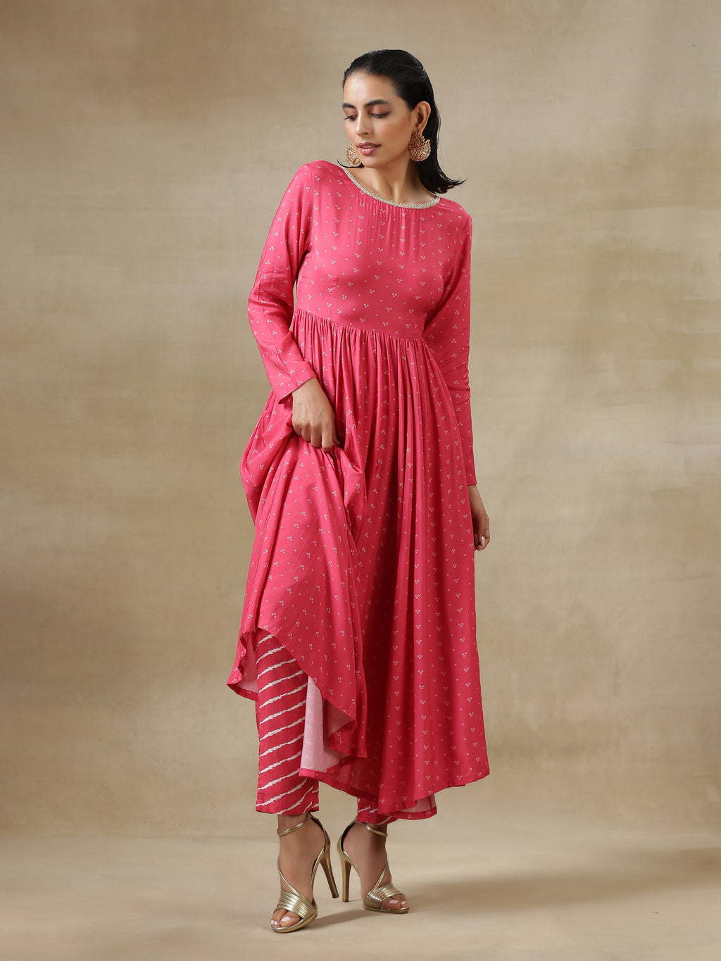 trueBrowns Pink Bandhani Printed Silk Anarkali Kurta Pant Dupatta Set