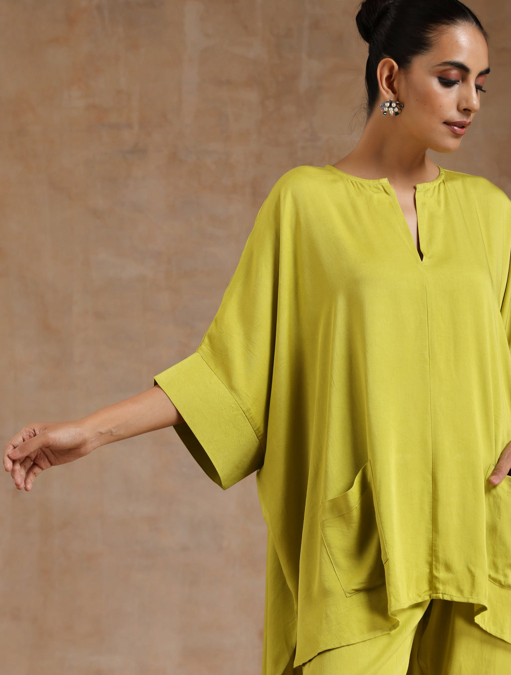 trueBrowns Lime Modal Satin Boxy Fit High-Low Co-Ord Set
