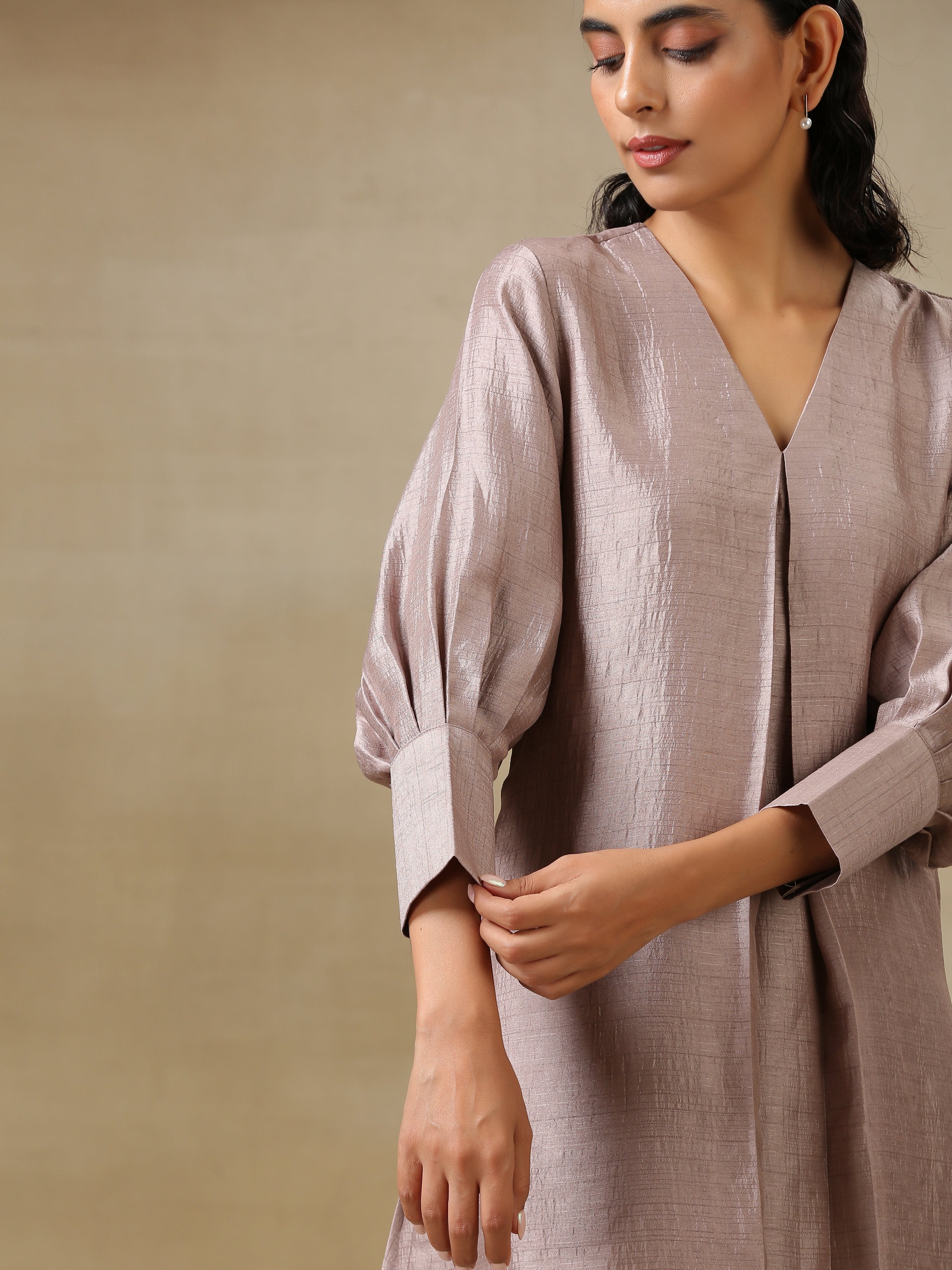 trueBrowns Grey Textured Silk Neck Pleat Co-Ord Set