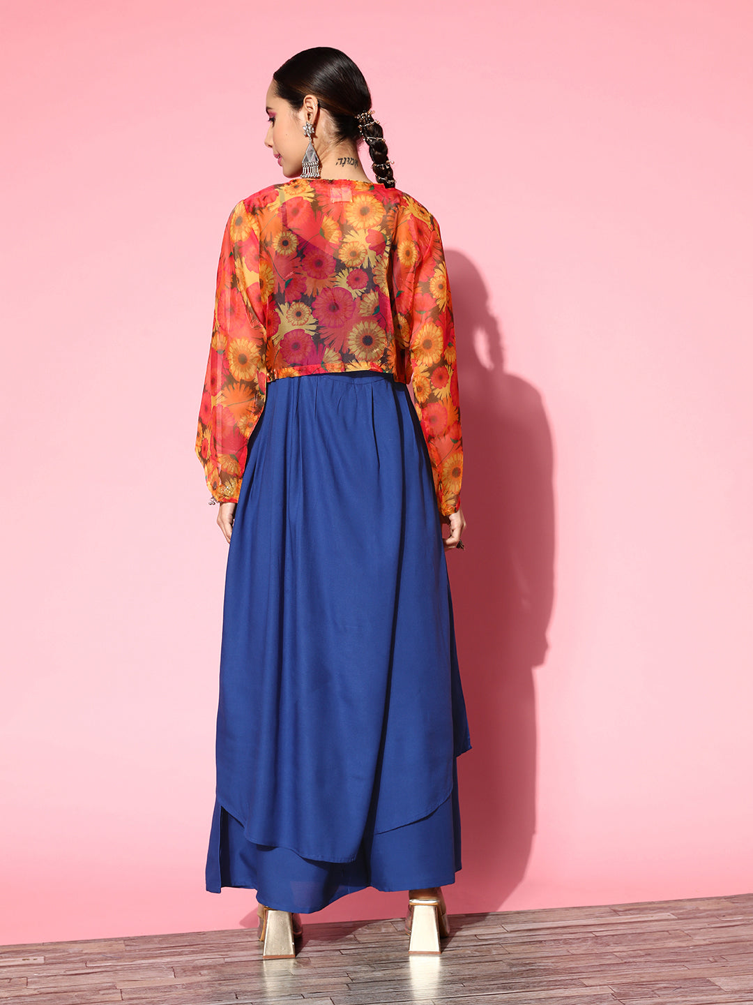 InWeave Women's Ink Blue Strappy Set With Pink Mustard Print Short Organza Cape