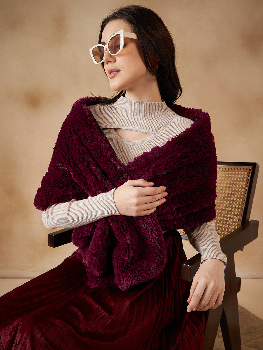 InWeave Women's Burgundy Long Faux Fur Cape