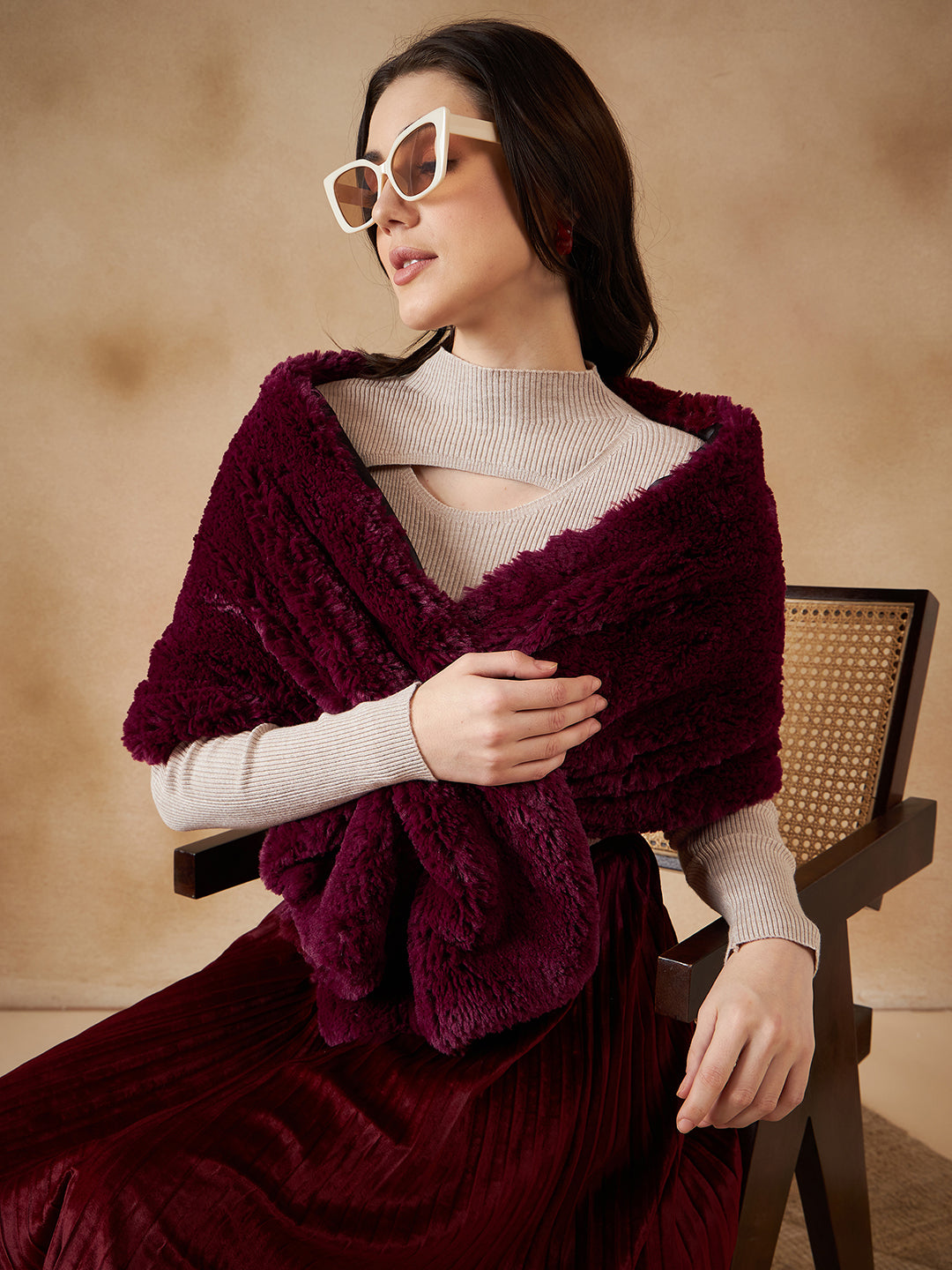InWeave Women's Burgundy Long Faux Fur Cape