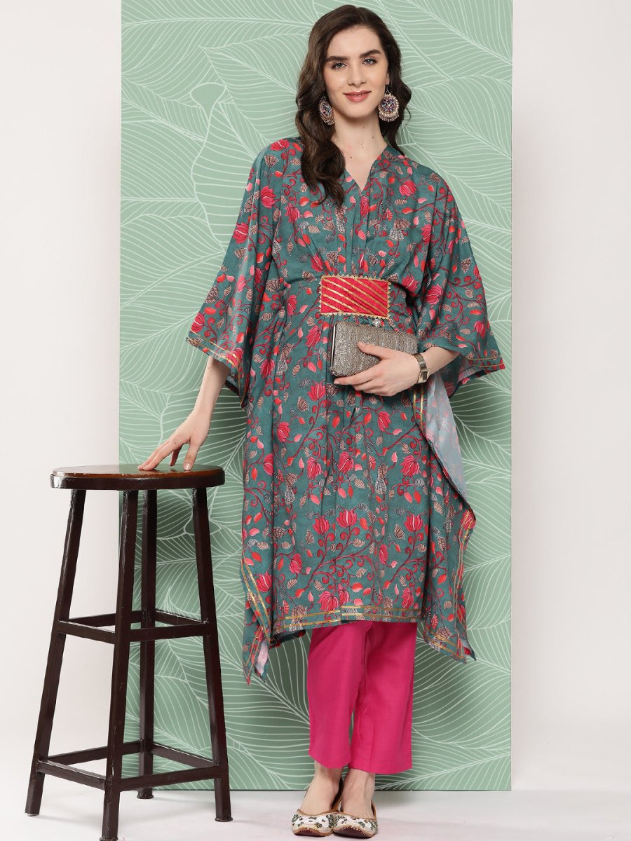 Ahalyaa Women Floral Printed Flared Sleeves Gotta Patti Crepe Kaftan Kurta