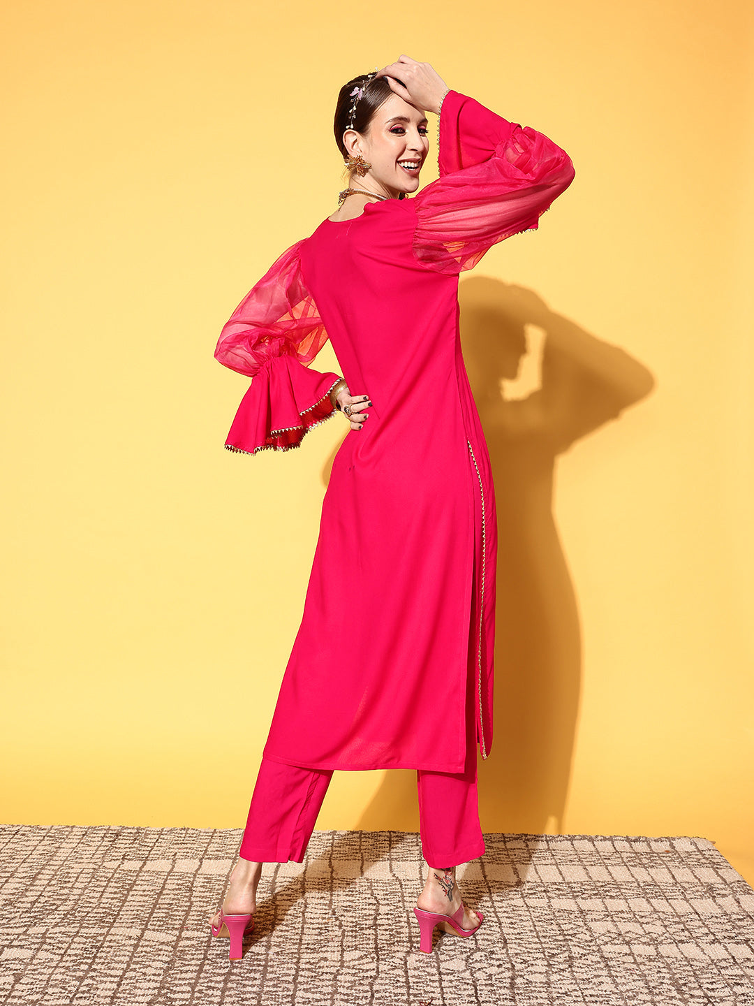 InWeave Women's Fuschia Organza Sleeve Gota Work Kurta Set