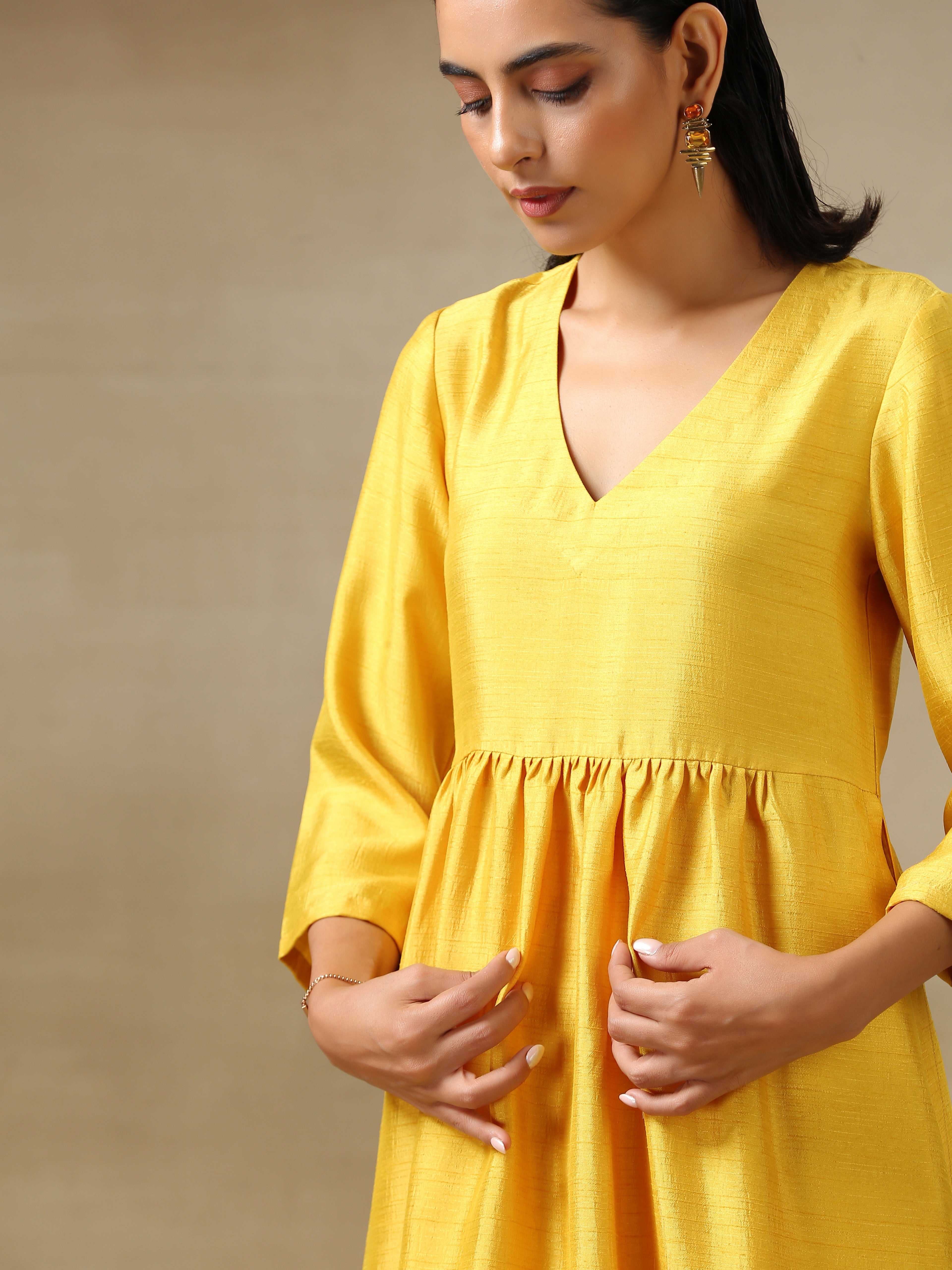trueBrowns Yellow Textured Silk High Slit Gathered Kurta Set