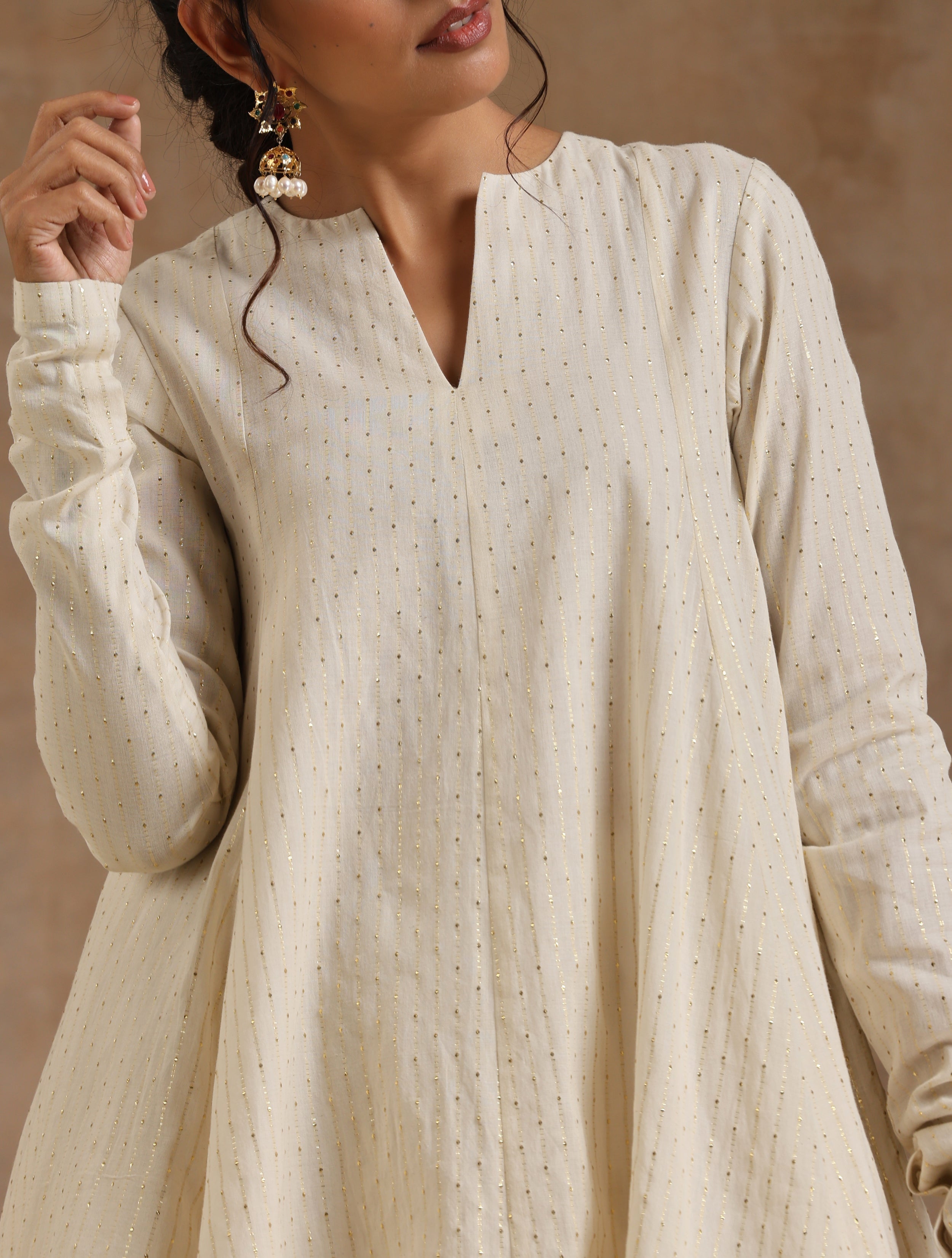 trueBrowns Ivory Gold Cotton Flared Co-Ord Set