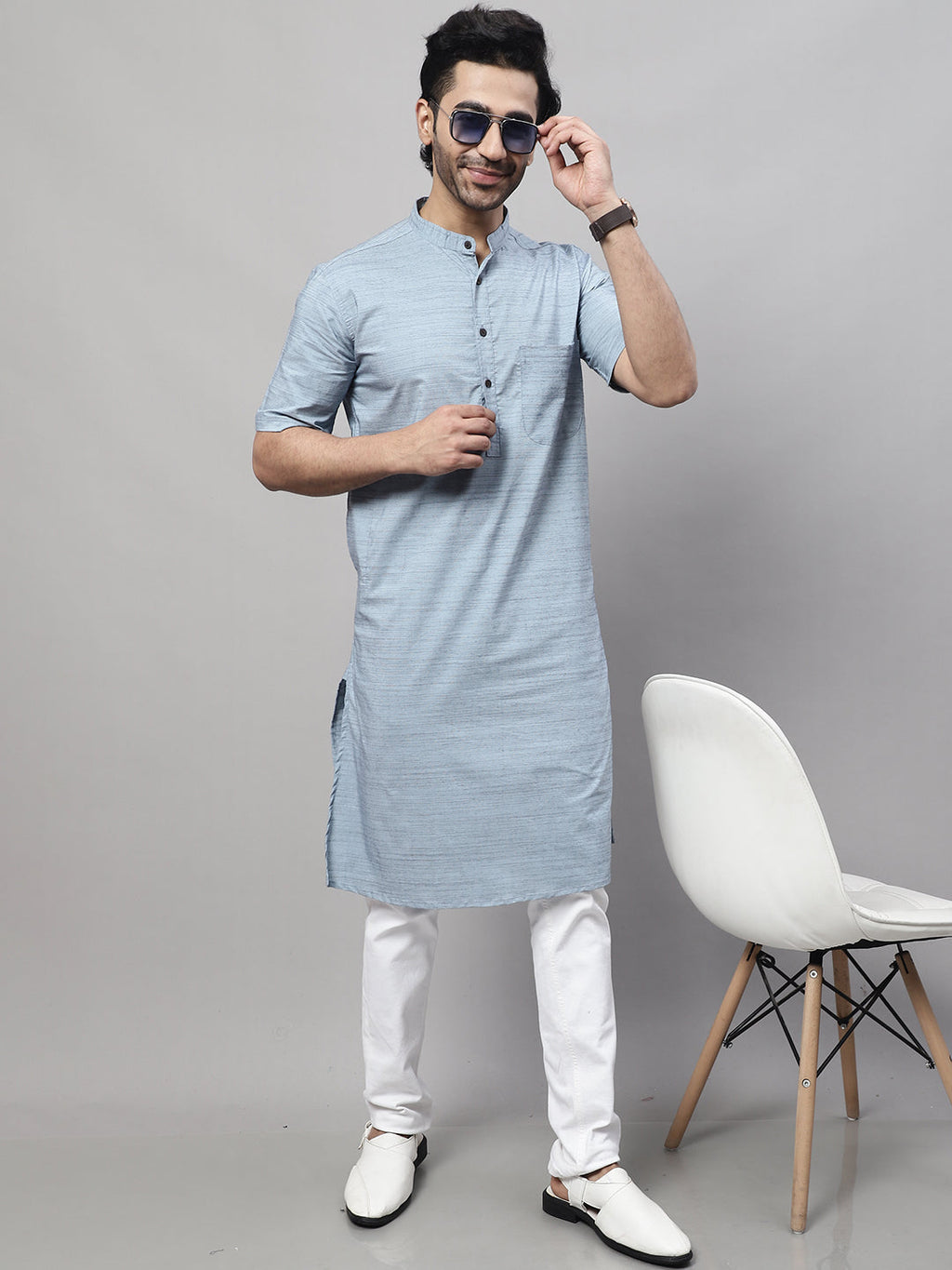 Even Apparels Blue Pure Cotton Kurta With Band Collar