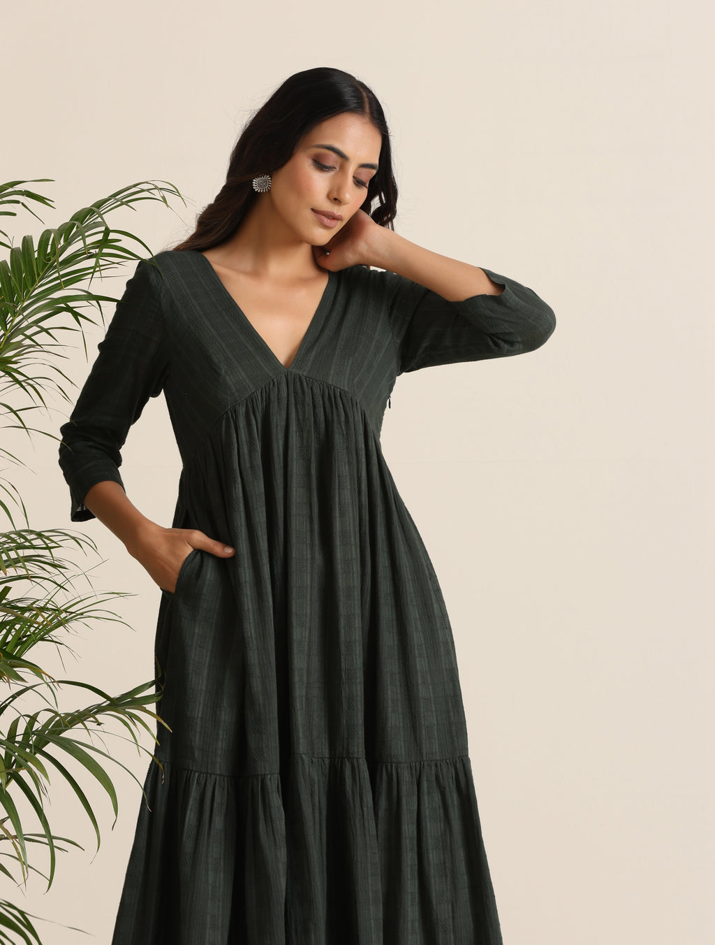 trueBrowns Charcoal Cotton Dobby Tiered Dress