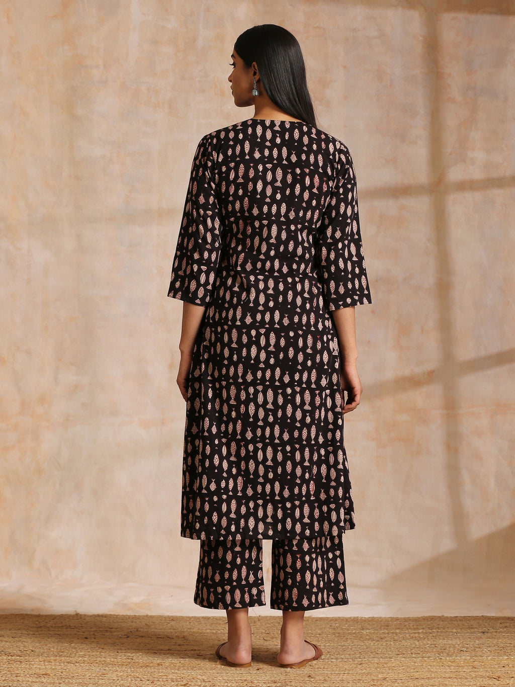 trueBrowns Black Fish Bagru Print Cotton Angrakha Pant Set