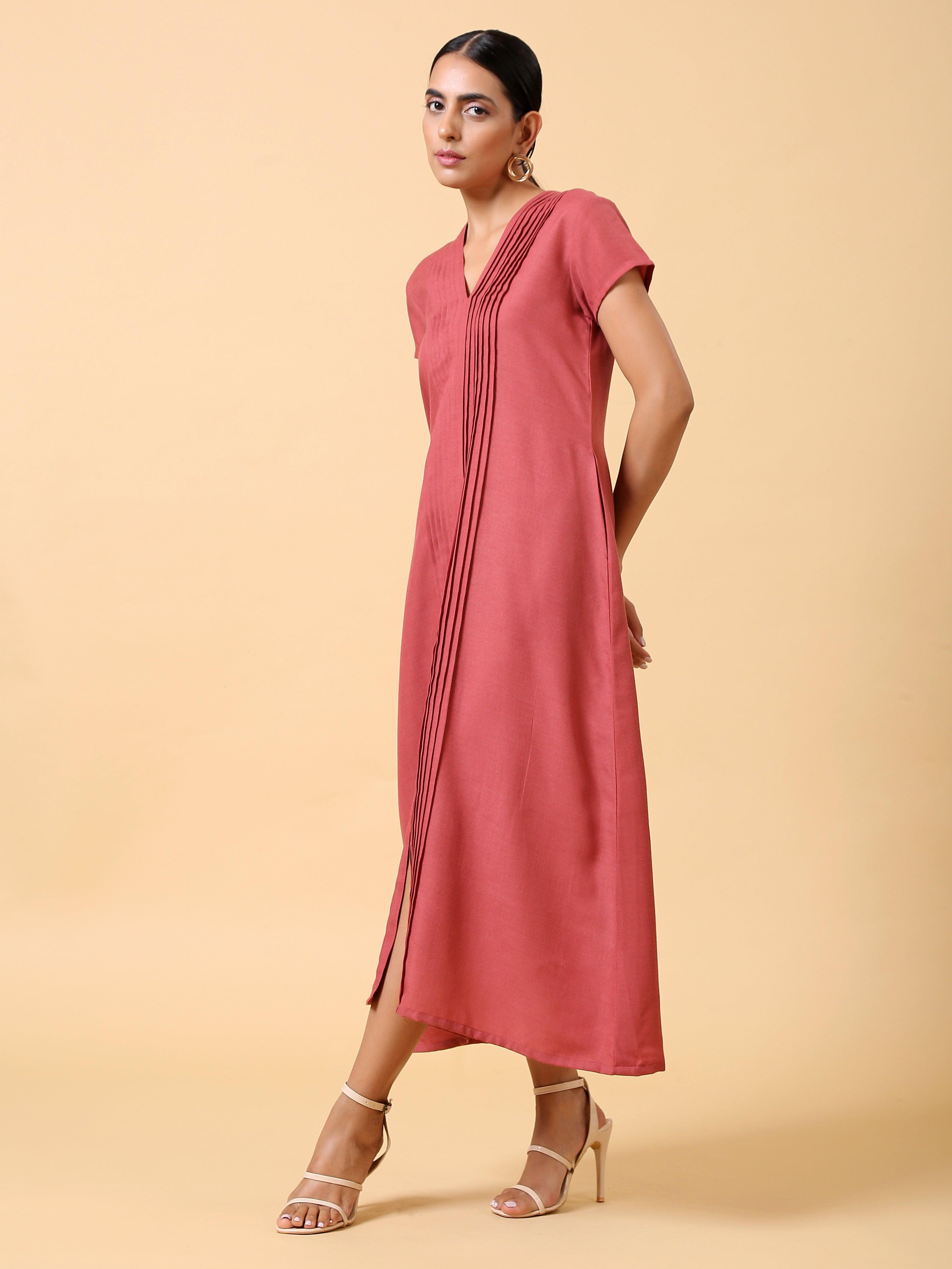 trueBrowns Cotton Linen Rust Red Pleated Dress