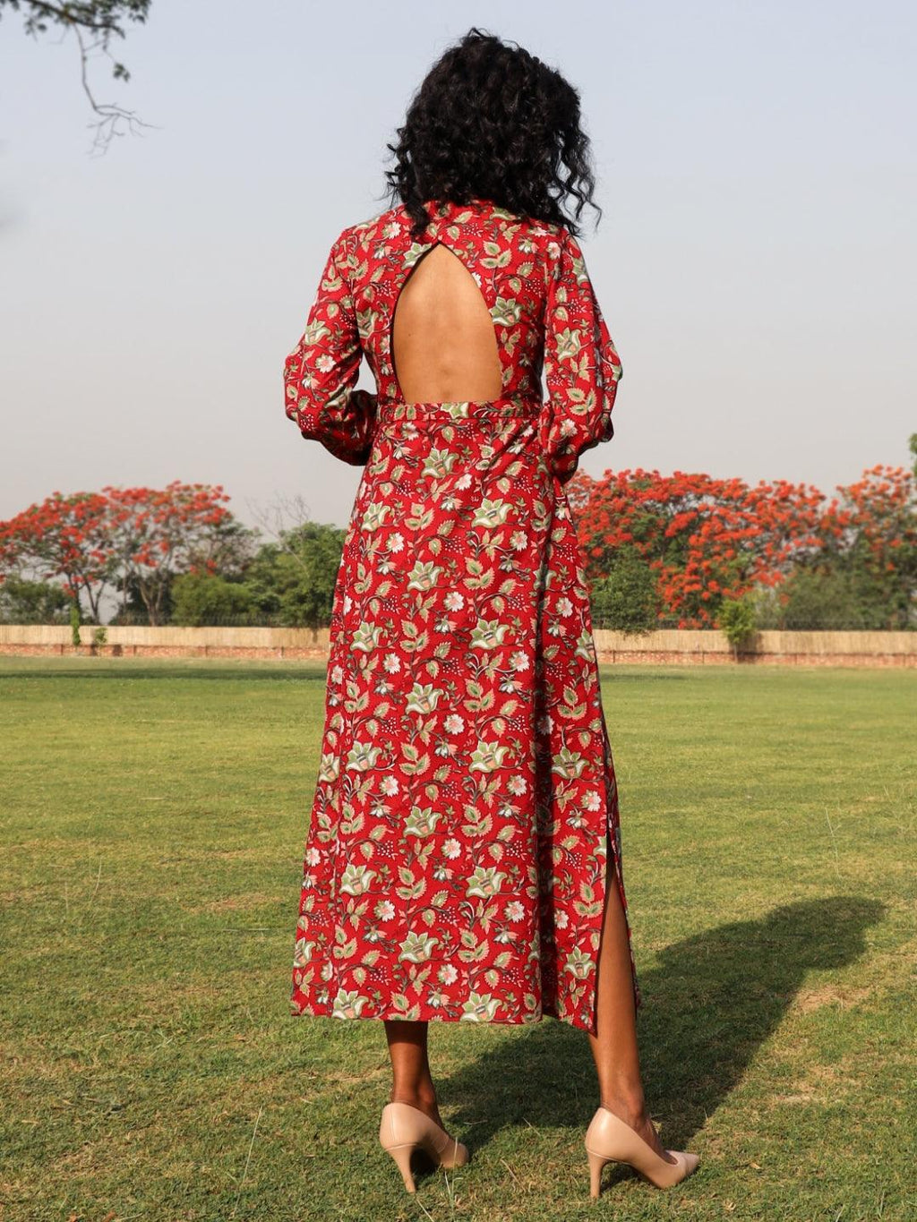 trueBrowns Red Cotton Block Print Backless Dress