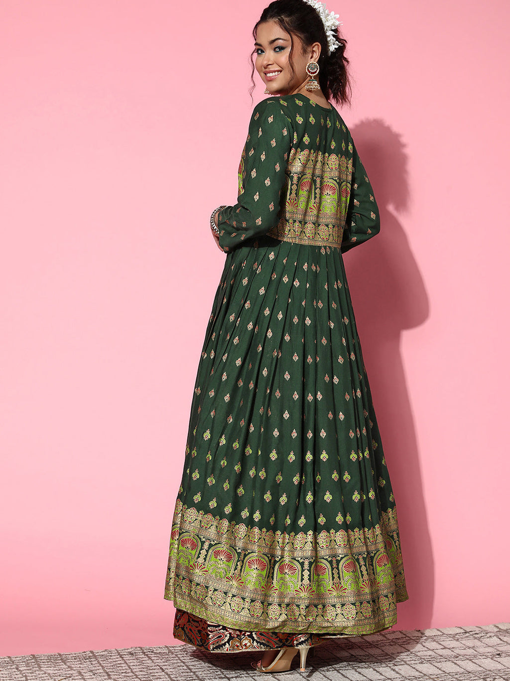 InWeave Women's Bottle Green Gold Border Anarkali Kurta